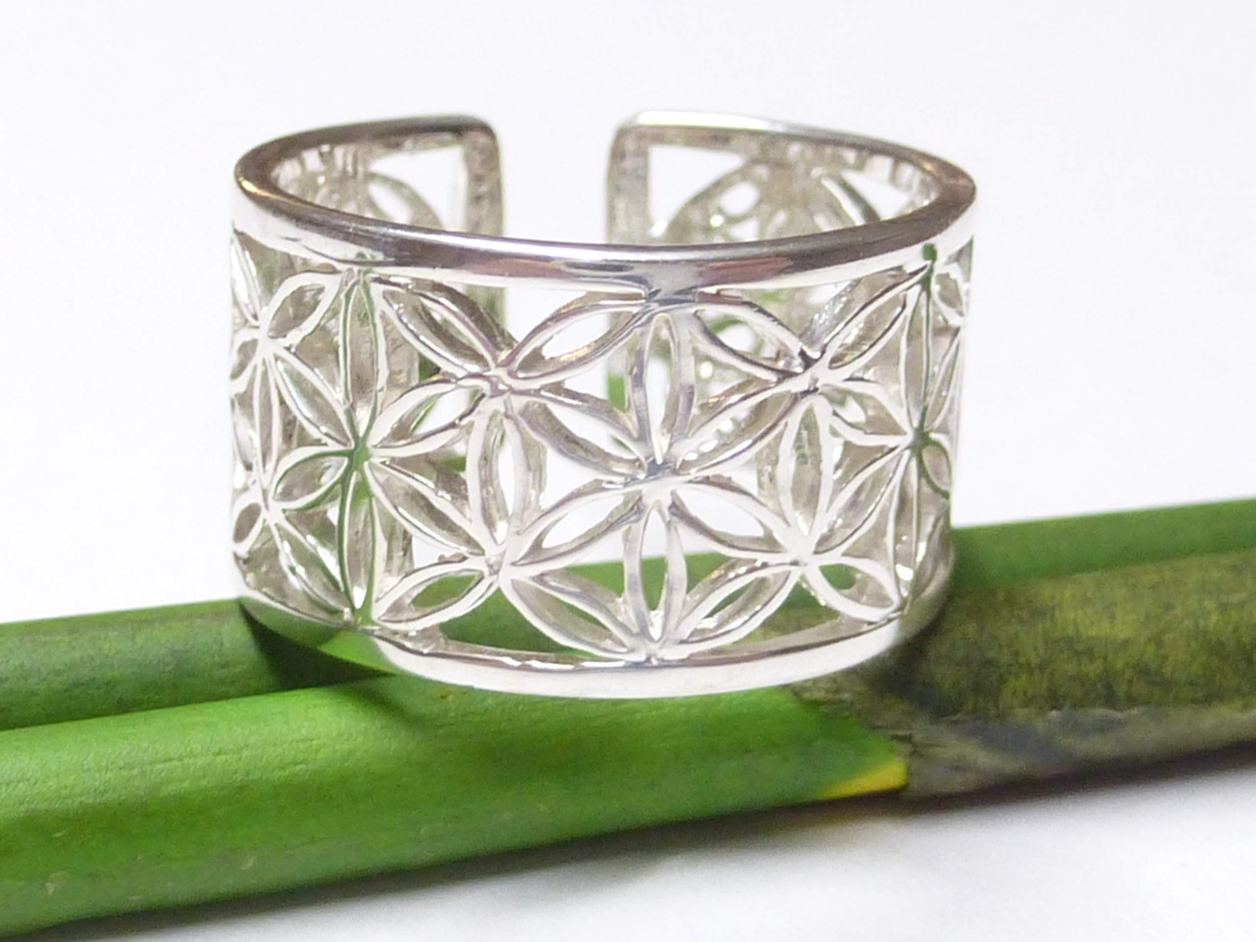 Offener Bandring Motiv Blume des Lebens, Sterlingsilber, Gr.62-19,7 größenverstellbar, Unisex, inkl. Geschenkbox