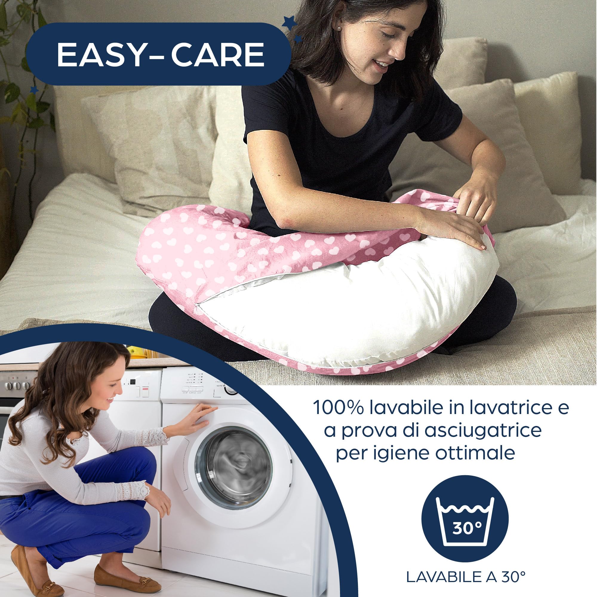 Niimo Cuscino Gravidanza a Forma di U per Dormire - Cuscino Allattamento e Cuscino Maternità per Donne Incinte - Cuscino per l'Allattamento al Seno con Federa in Cotone al 100% (Cuori Rosa e Bianco)