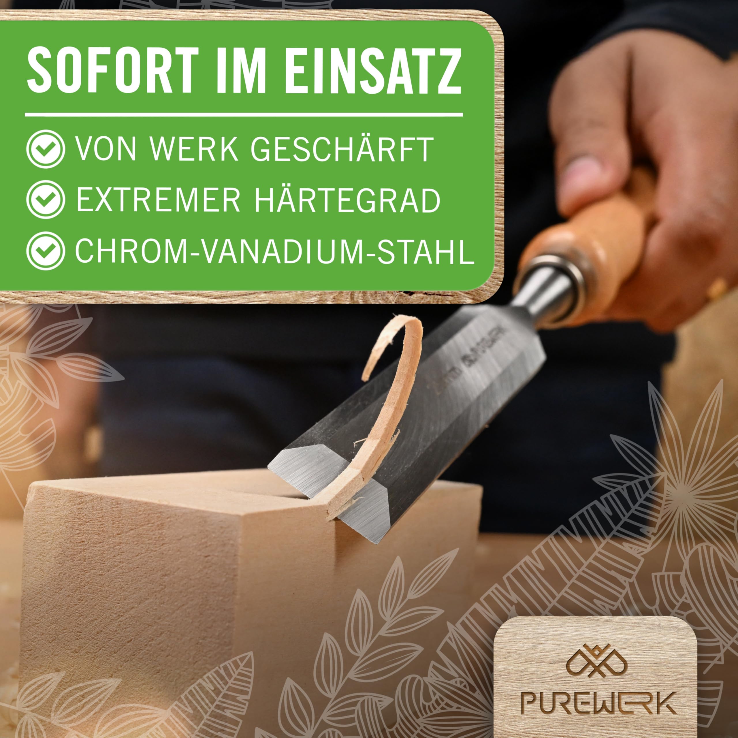 Presch Houtschaar, 6 stuks. (6, 12, 18, 24, 32 & 38 mm), perfect geslepen voor direct gebruik, met een hoek van 25° en een robuuste metalen dop