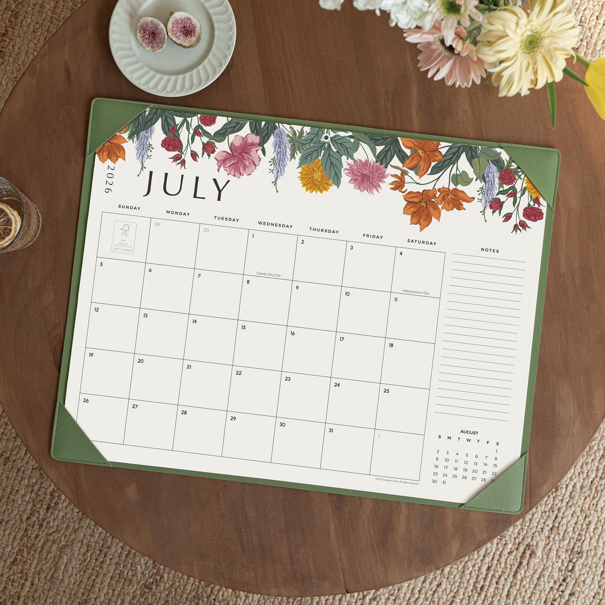 Cabbrix Calendrier de bureau 2026 avec sous-main - 55,9 x 43,2 cm - De juillet 2026 à décembre 2027 - Motif floral - Pour la maison, l'école et le bureau (vert)