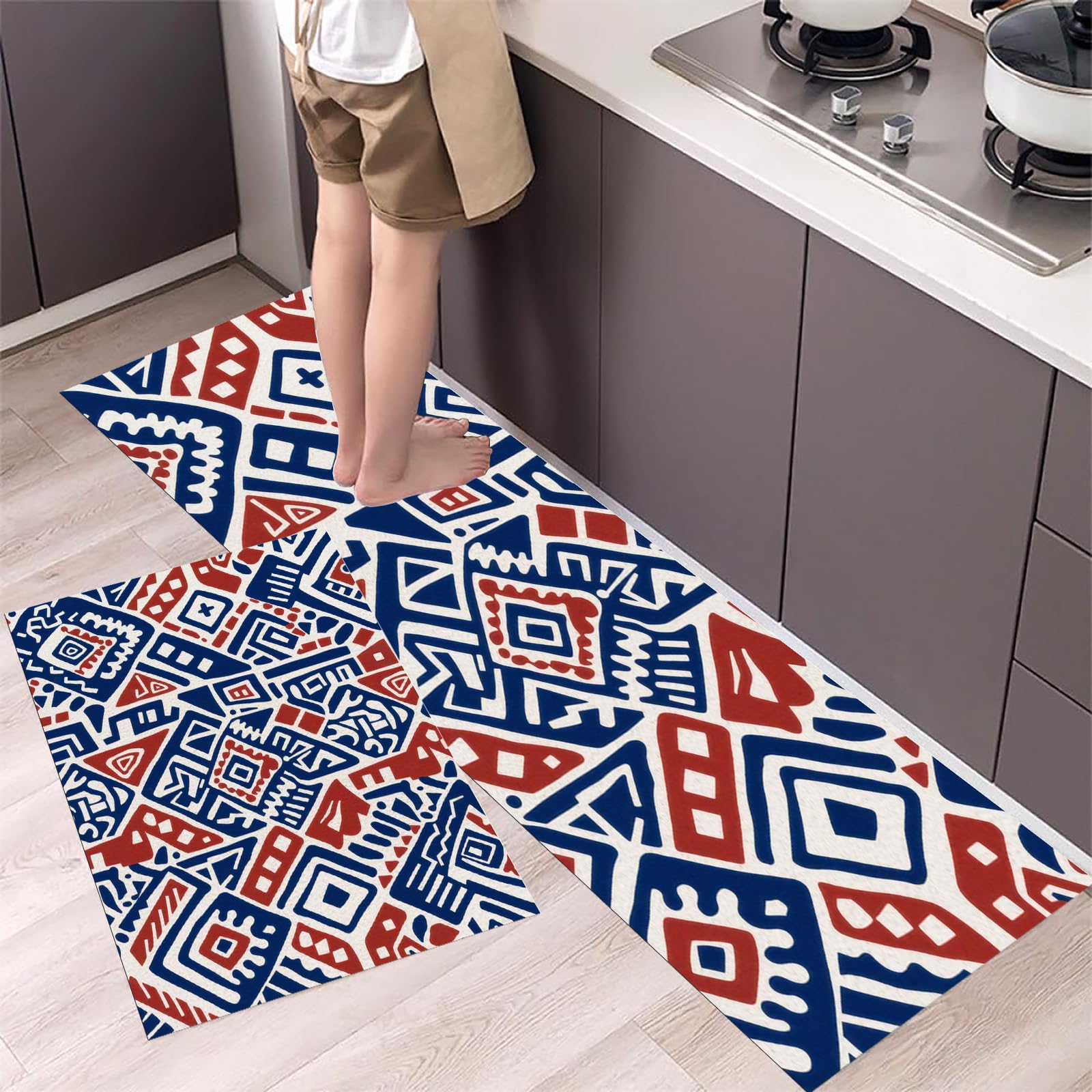 Dessin au trait tapis de cuisine bleu géométrique lavable et doux