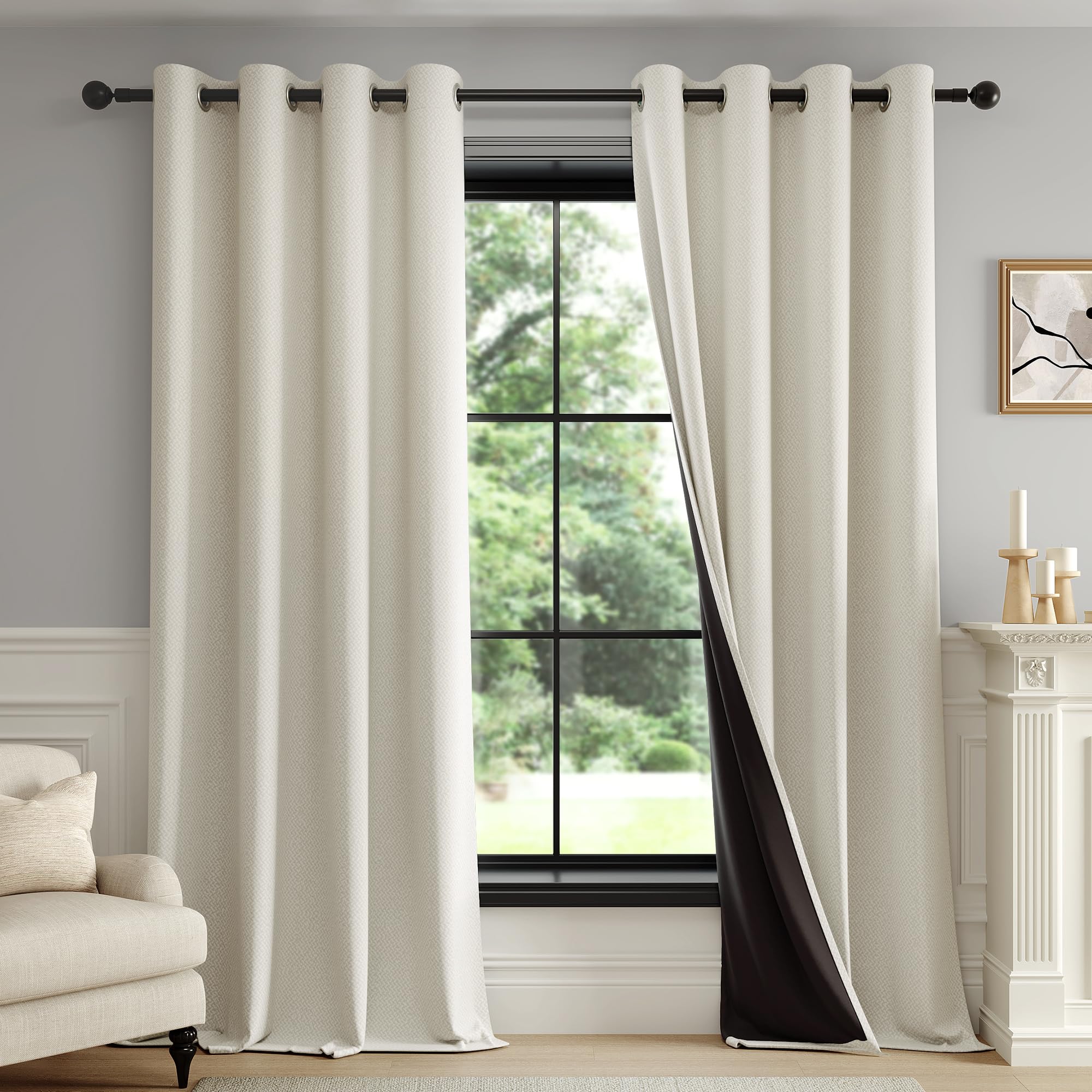 Fmfunctex Blackout Thermal Curtains for Living Room 84 Inch Drop Beige Eyelet Curtains for Bedroom Weave Textured Light Blocking Energy Saving Window Curtain Drapes 2 Panels