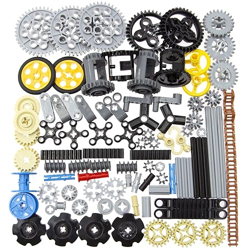 Habow 116pcs Technic Parts - Gears, Axle, Pin, Connector, Wheels, Link Chain, Gear Rack, Steering Wheel, Bush, Hook, Tow Ball, String Reel, Differential. MOC Building Blocks