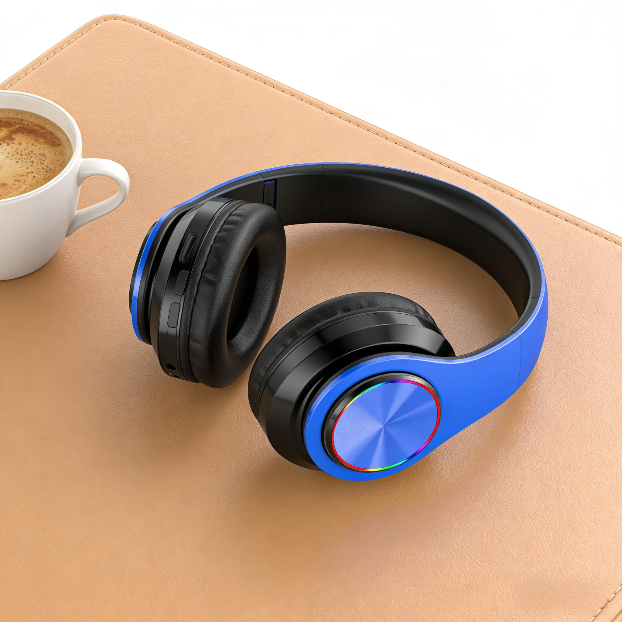 Cuffie wireless Bluetooth con luci colorate, grande capacità della batteria, pieghevoli, Bluetooth 5.0, portata 10 m, stereo surround, microfono integrato, comode orecchie fissate (blu)