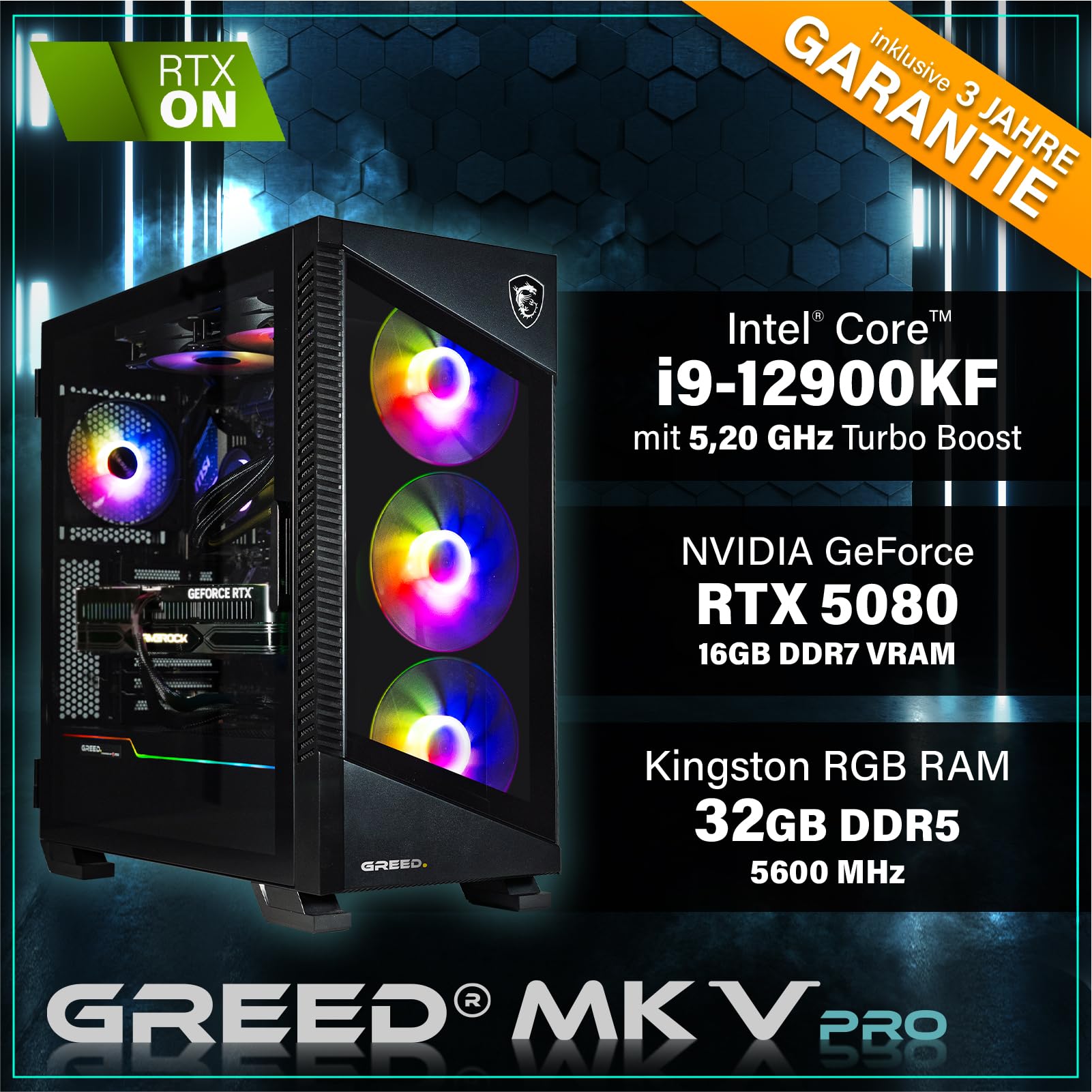 Greed® MK5 Pro - High End Gaming PC - Intel Core i9 12900KF + Nvidia Geforce RTX 5080 16GB - Schneller RGB Computer + 4K Raytracing Rechner - 5,2 GHZ - 32 GB DDR5 RAM - 2TB SSD - WLAN + W11 Pro
