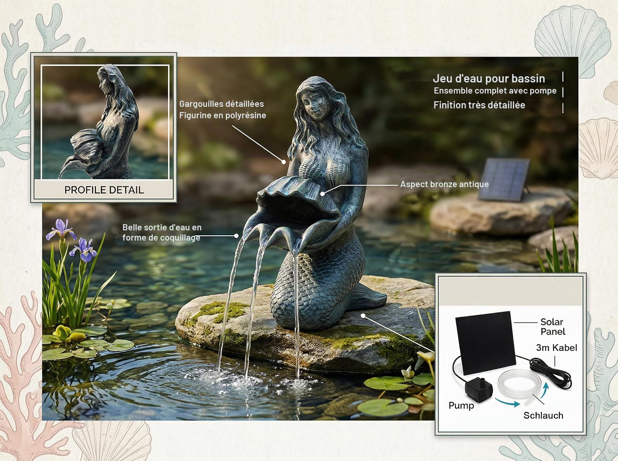 Gargouille solaire avec pompe - Figurine sirène avec pompe solaire et jeu d'eau - Décoration de jardin en polyrésine aspect bronze - Fontaine solaire pour étang de jardin et cours d'eau - 27 x 14 x 13