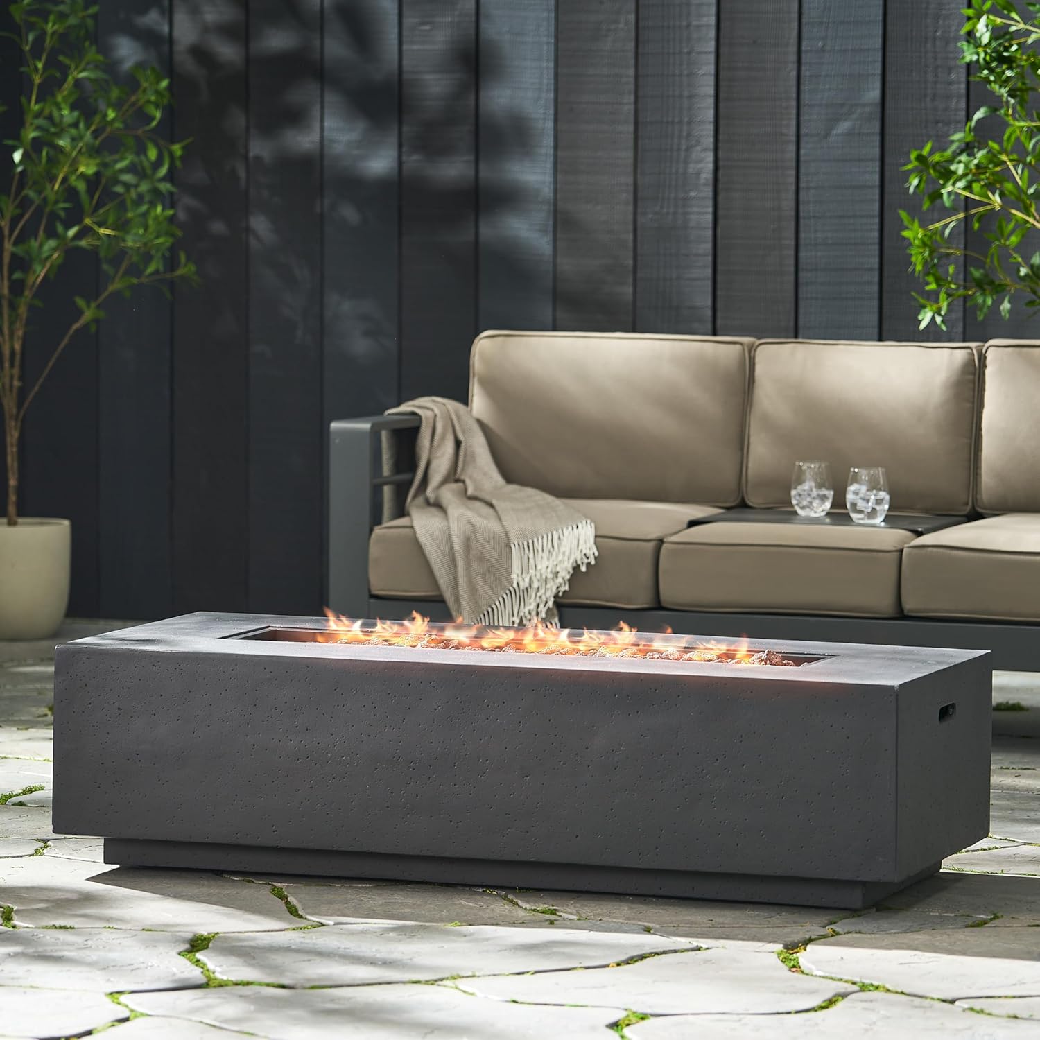Merax 56" Rectangular MGO Propane Fire Pit Table, 50,000 BTU Outdoor Patio Heater with Modern Concrete Design for Backyard, Deck, Garden (Tank Cover Not Included), Dark Gery