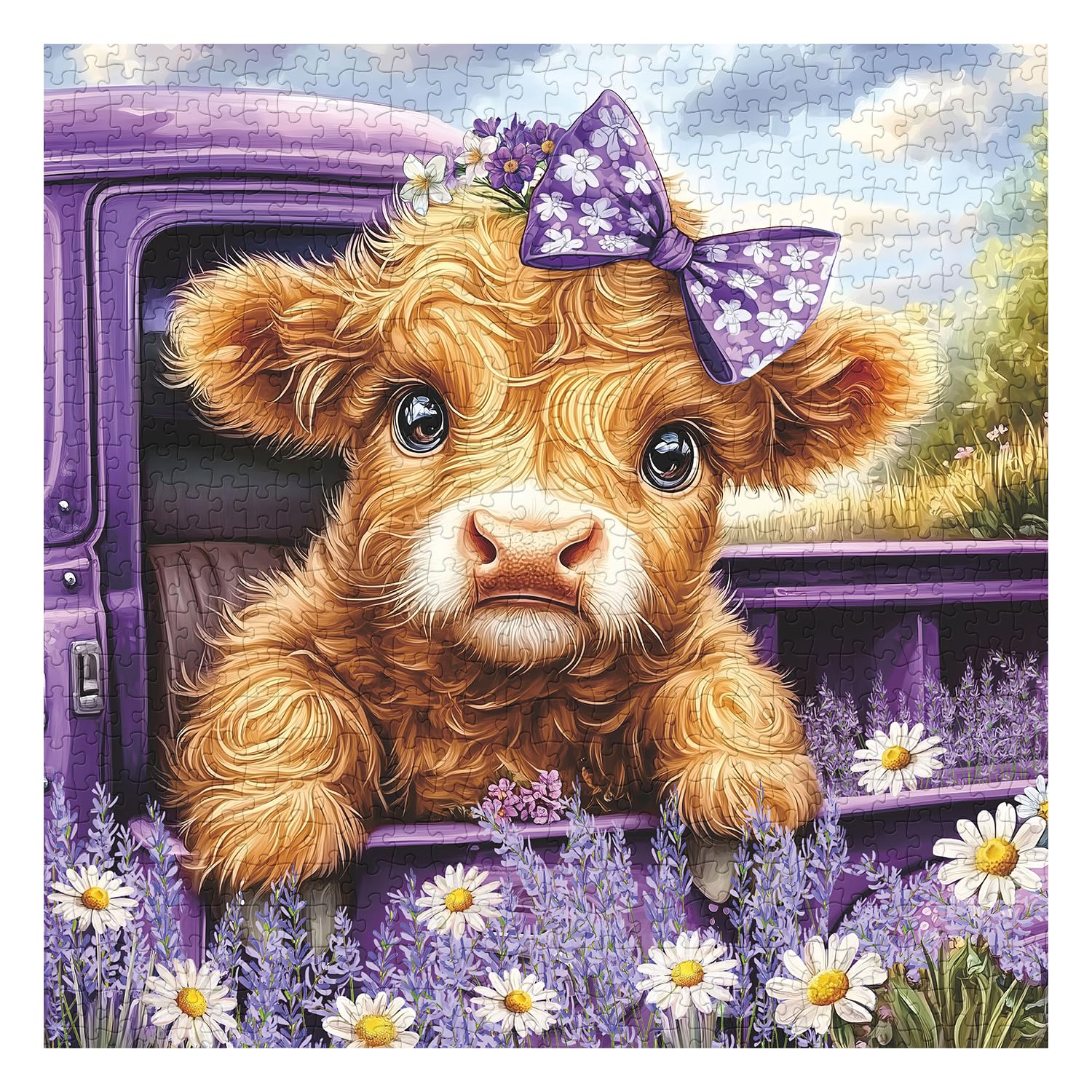 PPuzzling Highland Cow Puzzle for Adults 1000 Pieces, Cute Farm Cow Animal Puzzle Featuring Lavender Flower, Daisy Field & Purple Vintage Truck Scene Jigsaw Puzzle, Nature Floral Scenery Puzzle - Image 2