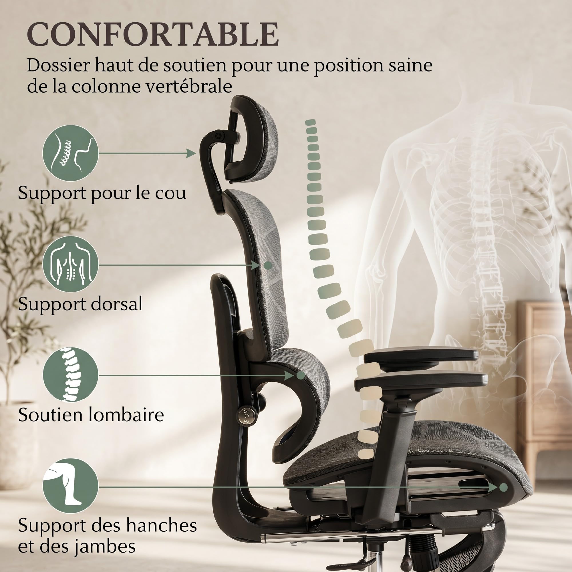 HOMCOM Chaise de Bureau Ergonomique en Maille Accoudoirs 3D Noir
