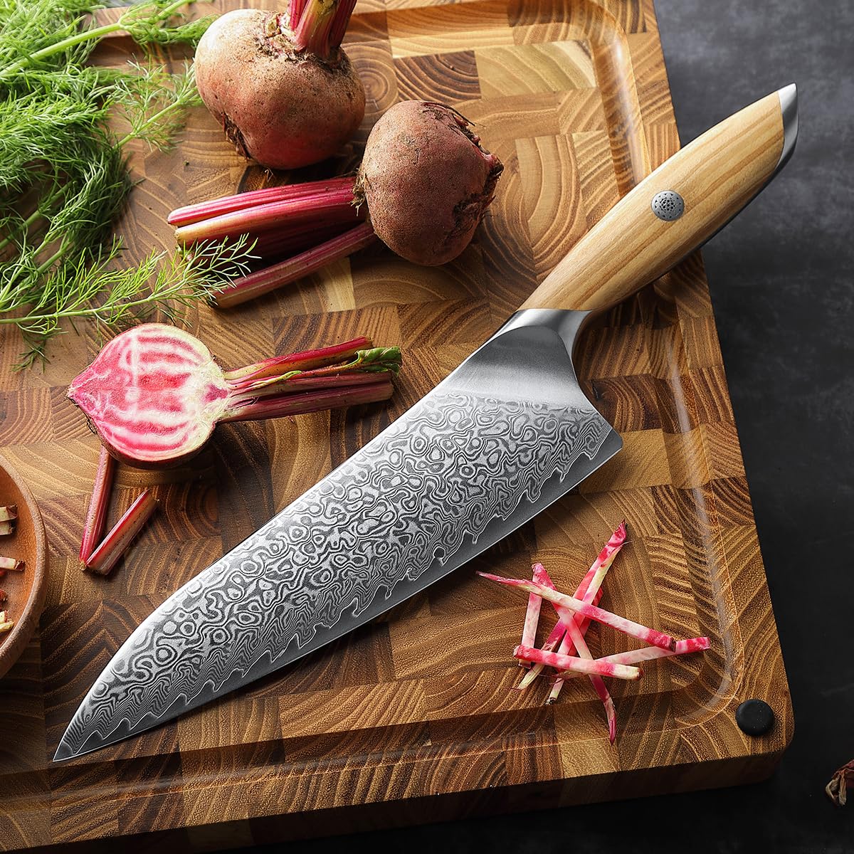 HEZHEN Cuchillo de Cocina Damasco, 21CM Cuchillo Chef de Acero Damasco de 73 Capas, Cuchillo de Cocinero Profesional Mango de Madera de Olivo