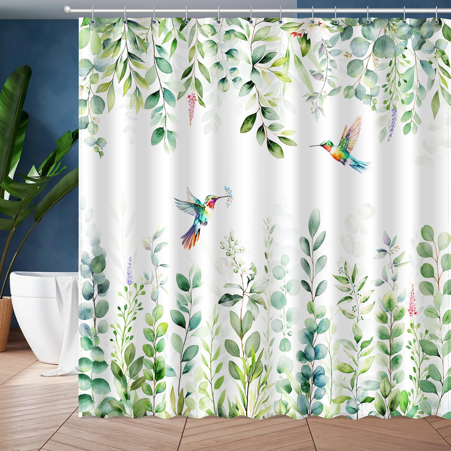 Sage Green Eucalyptus Leaves Shower Curtain, Spring Summer Botanical Floral Hummingbird Bird Home Bathroom Decor, Polyester Cotton Fabric Waterproof