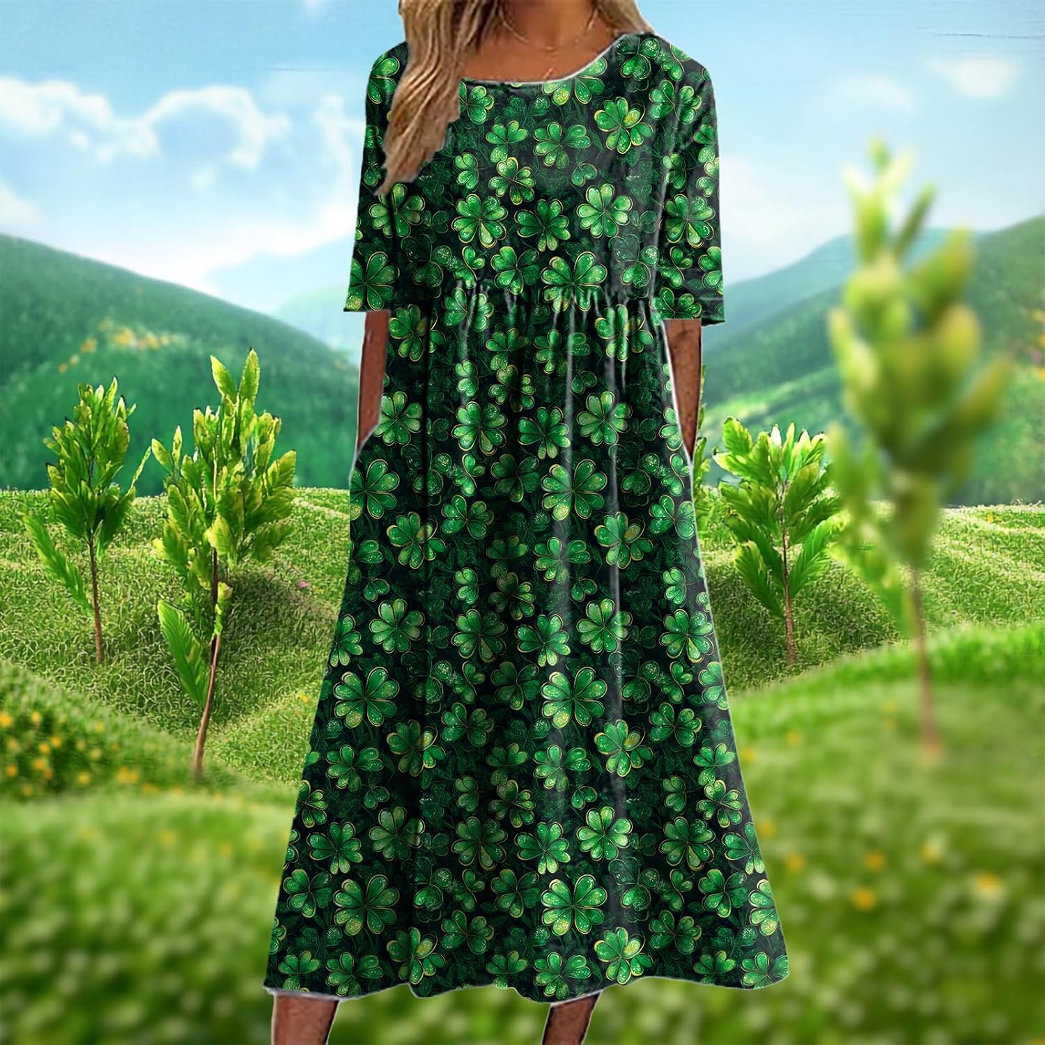 St Patricks Day Dresses for Women Crewneck Short Sleeve Empire Waist 2025 Summer Casual Holiday A Line Maxi Dress - Image 2