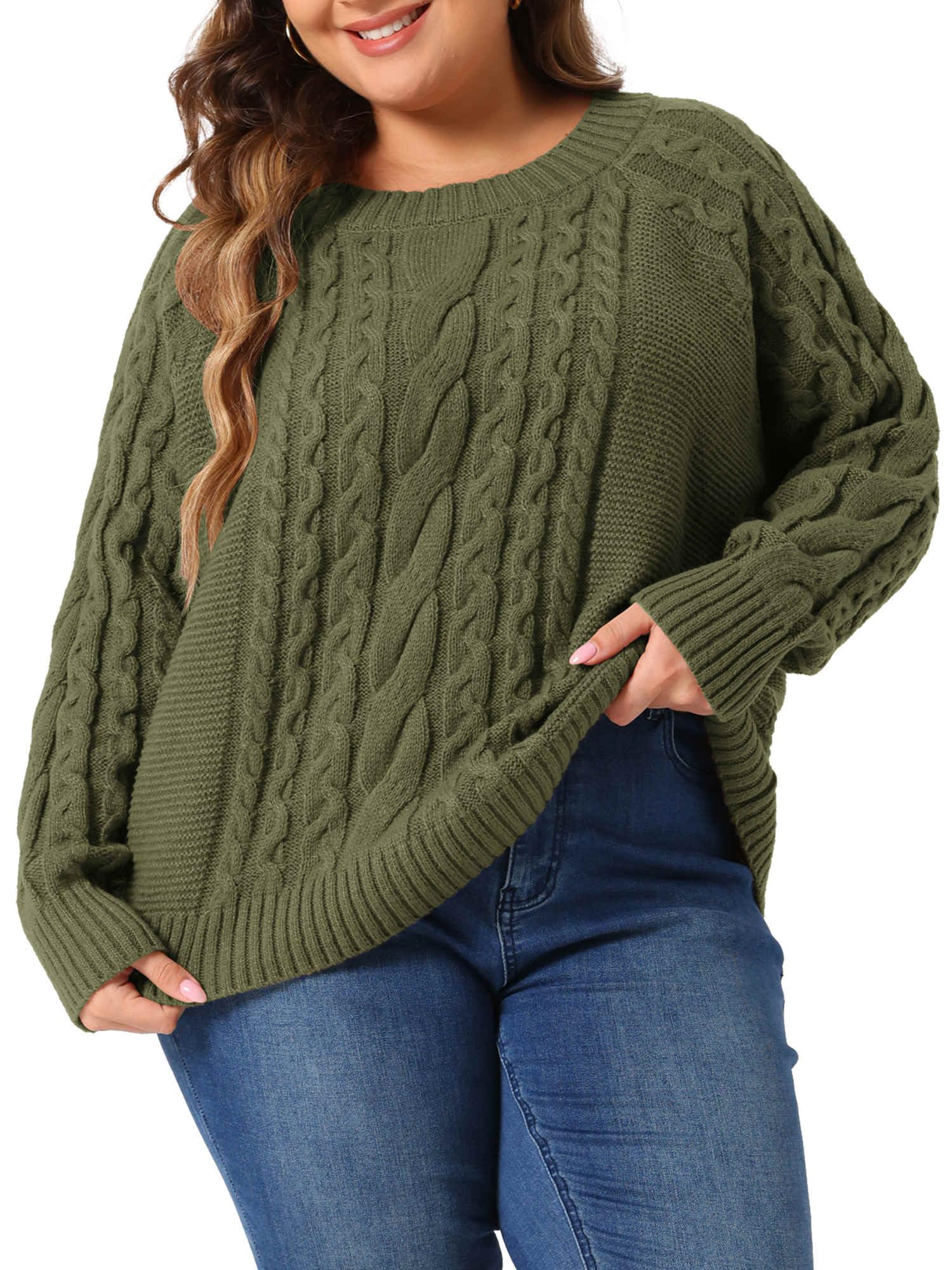 Agnes Orinda Plus Size Womens Sweater Long Sleeve Crewneck Fisherman Cable Pullover Sweaters