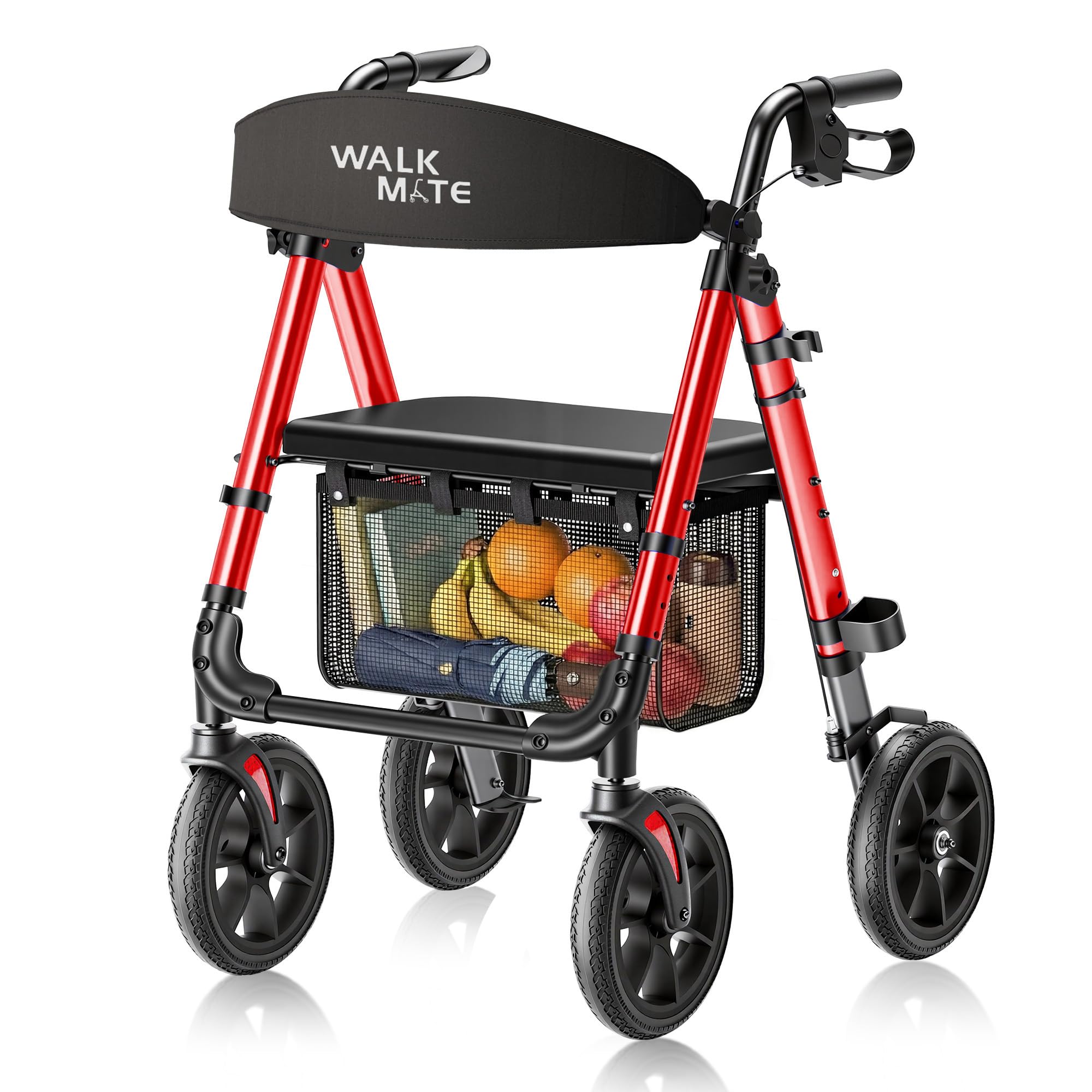 WALK MATE Andador plegable y ligero con asiento, soporta hasta 175 kg, andador para la vivienda interior y exterior con ruedas antideslizantes, altura regulable de aluminio, incluye bolsa y soporte
