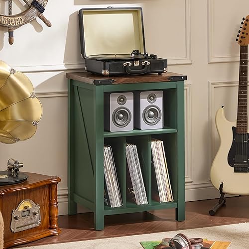 Miniatura 8 de Soporte para tocadiscos con almacenamiento de discos de vinilo, mesa de tocadiscos verde con capacidad para hasta 160 álbumes, soporte giratorio de