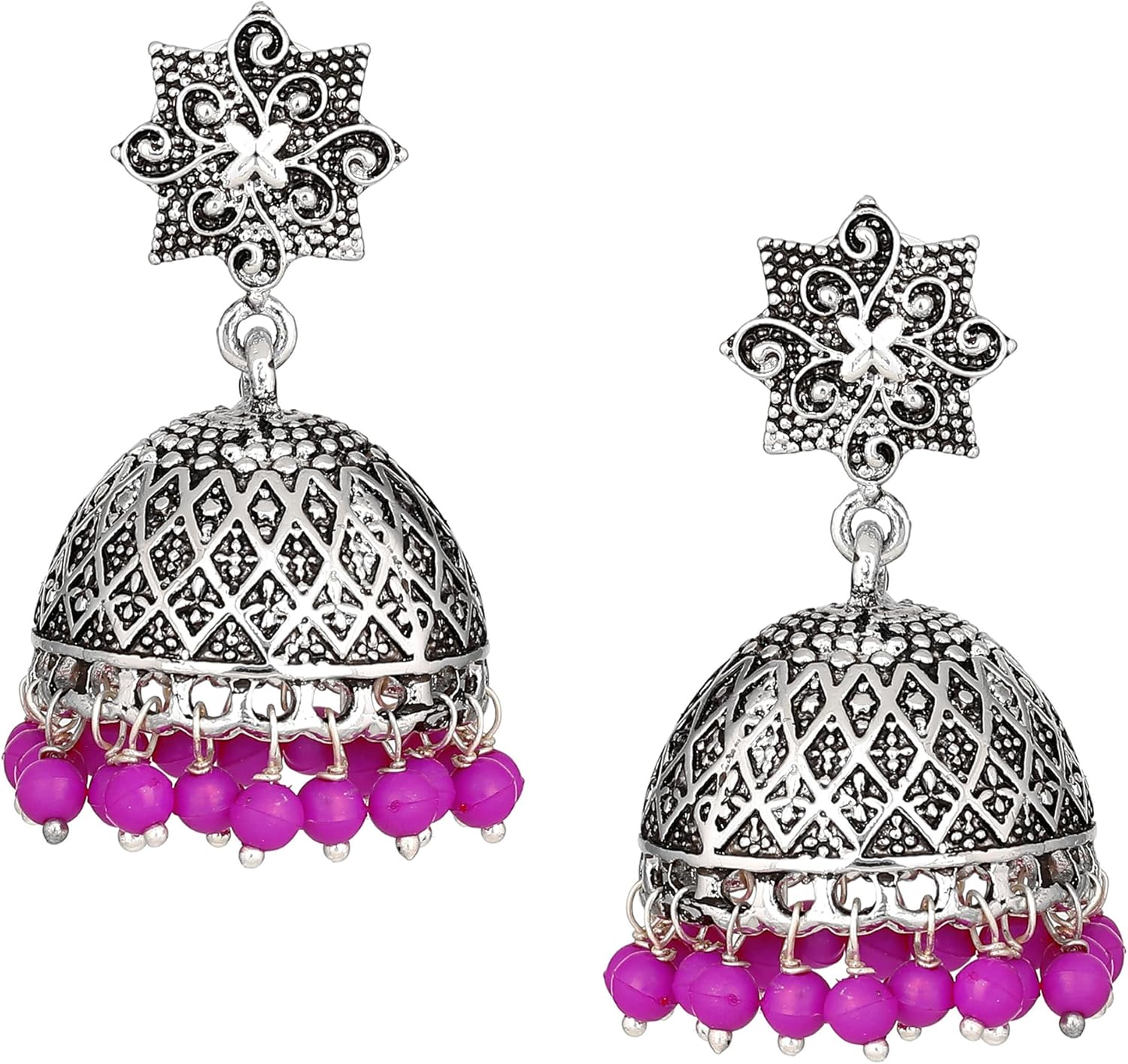 Estele Oxidised Silver Plated Traditional Jhumki with Pink Beads drop Earrings