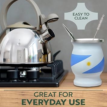 Norte Yerba Mate Cup, Stainless Steel Blue & White Insulated 8 oz Cup/Gourd | Includes 2 Bombillas & Cleaning Brush, Traditional Yerba Mate Kit for Tea Drinkers, Travel & Everyday Use