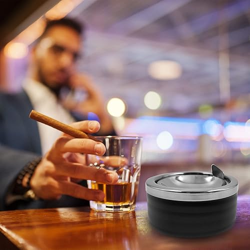 Miniatura 9 de Cenicero de metal clásico plateado ranurado con una tapa para cigarrillos, ceniceros al aire libre resistentes al viento, para patio, interior y