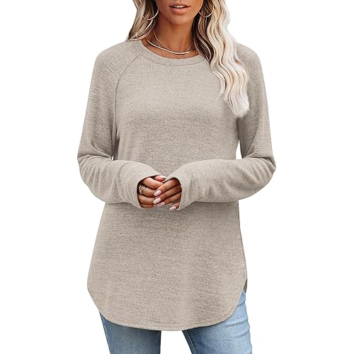 OFEEFAN Long Sleeve Shirts for Women Loose Fit Tunic Tops dressy casual Crew Neck Pullover Sweaters fall Outfits Clothes 2025