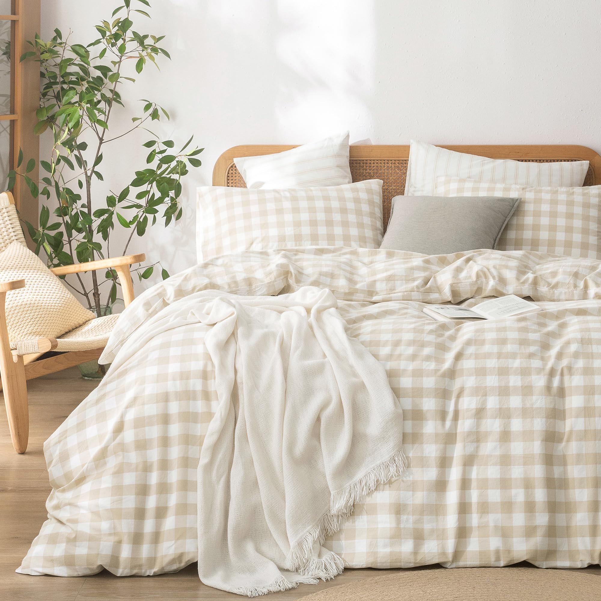 BESTOUCH Gingham Cotton Duvet Cover Set Almond Grey Queen