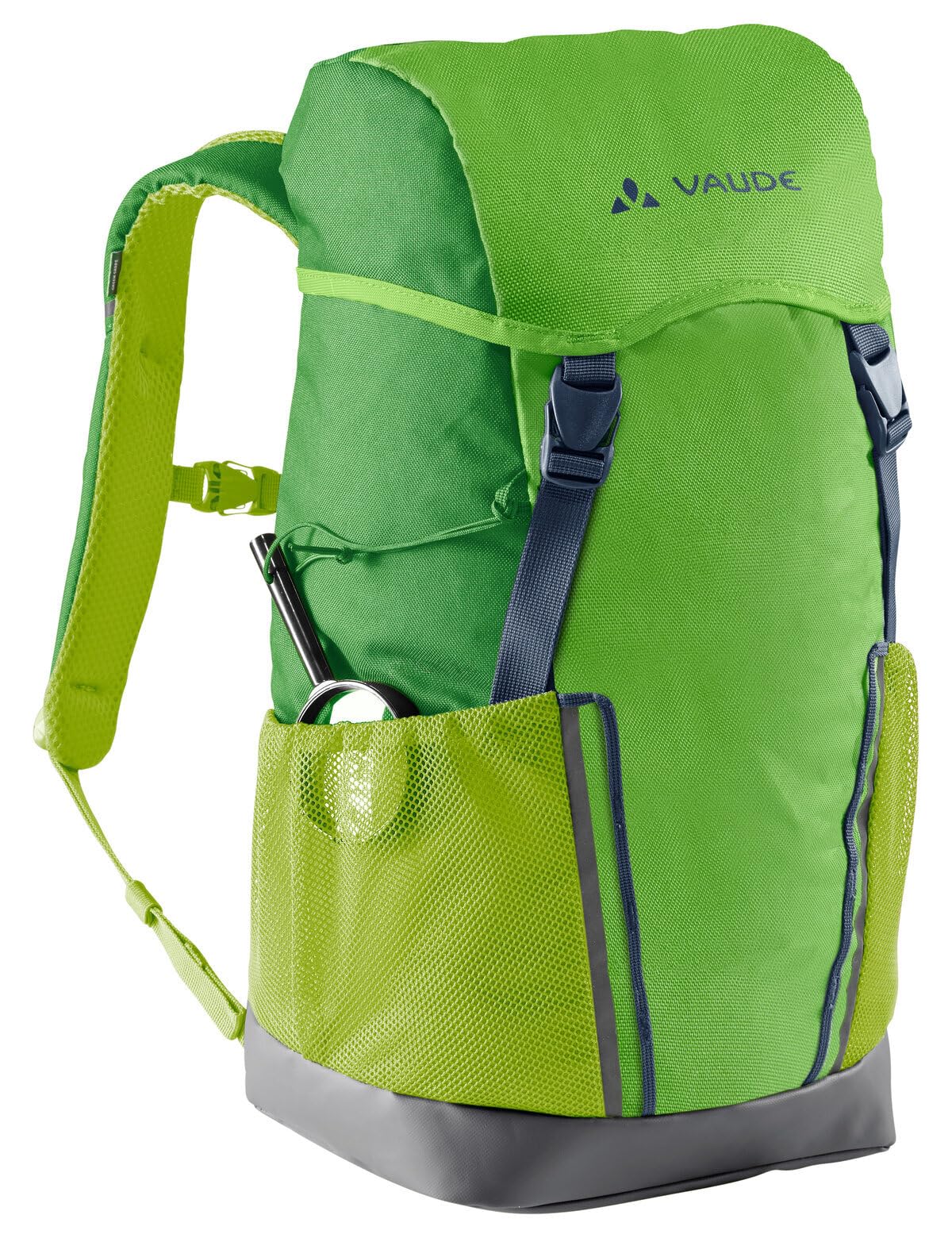 VAUDE Kinderrucksack Jungen & Mädchen Puck – Grün | Komfortabler Wanderrucksack Kinder 10L – Wetterfester Schul- oder Kindergartenrucksack mit Regenhülle & Lupe – viel Stauraum