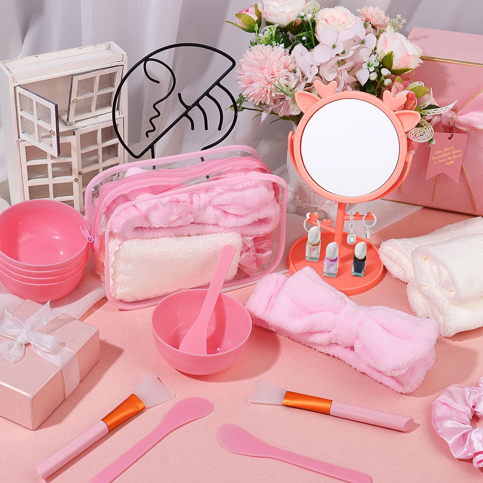 48 pièces Fournitures de fête pour nuitée pour filles Ensemble de bandeau et bracelet pour soins de la peau Favoris de fête pour nuitée, 6 masques pour le visage Bols à mélange 6 miroirs 6 bandeaux 6