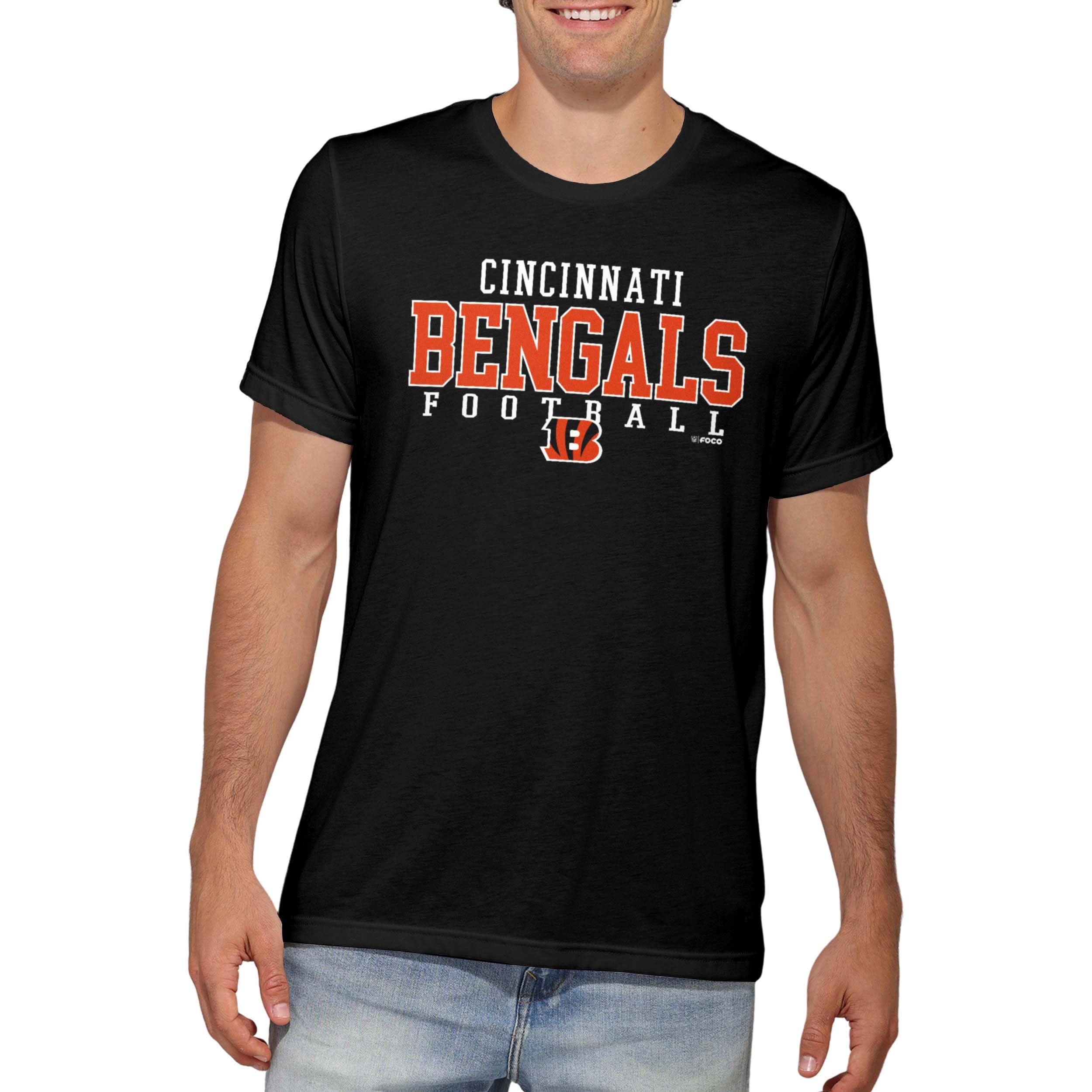 FOCO NFL Officially Licensed Unisex-Adult Football Wordmark Team Color Primary Logo Premium Quality Short Sleeve T-Shirt, Cincinnati Bengals, S