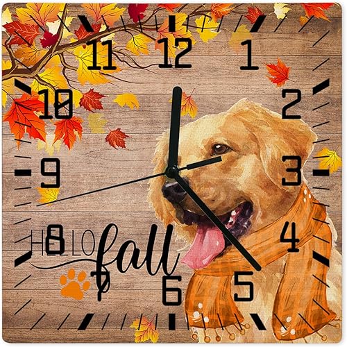 Hello Fall Wooden Wall Clock Silent Non Ticking, Thanksgiving Dog Scarf Maple Leaf Wood Grain Square Wall Clock Battery Operated, Decor Clock for