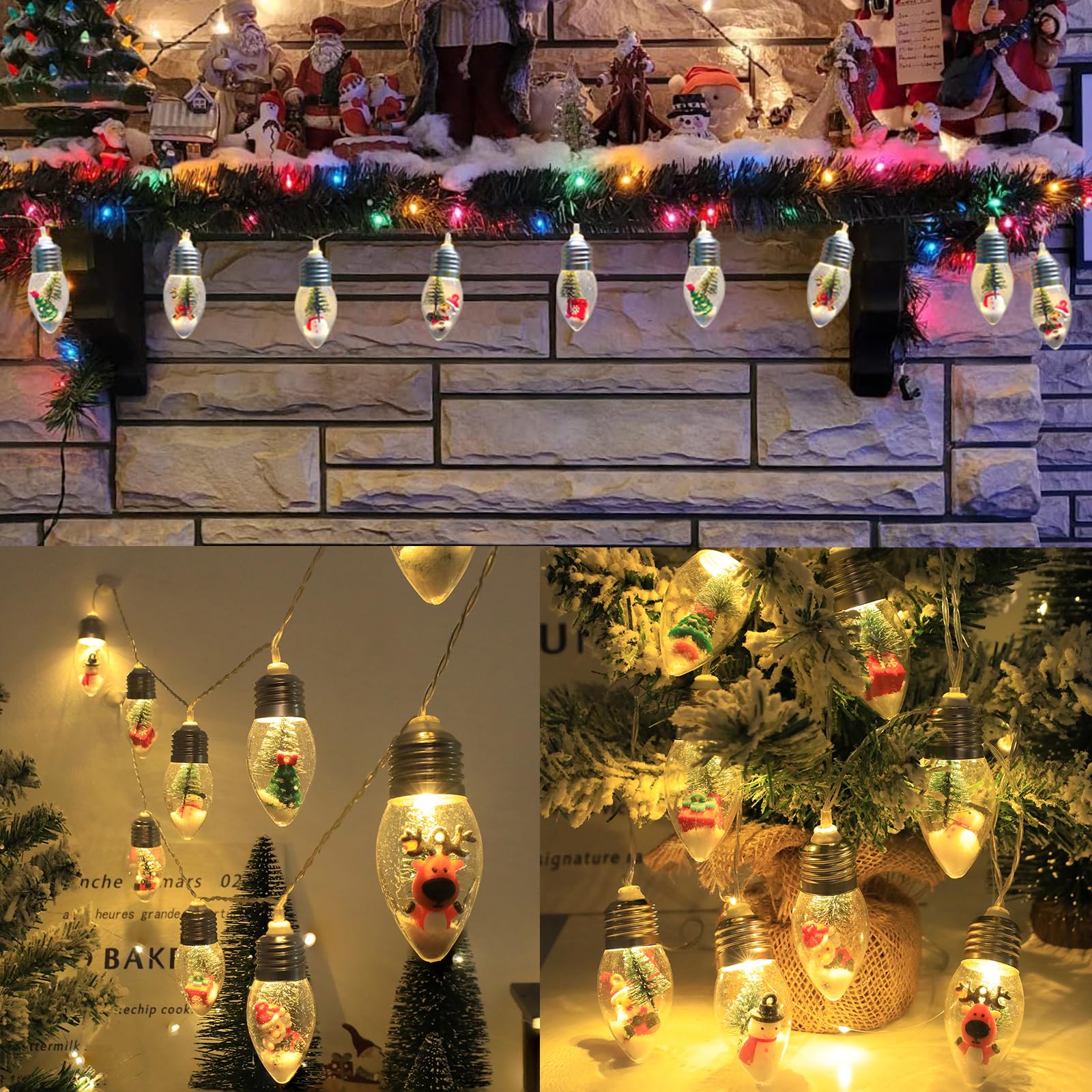 Luci natalizie vintage a batteria, 2 pezzi, 2 pezzi, globo di neve con timer, 10 lampadine a LED con albero e graziosi ornamenti per interni, camera da letto, albero, caminetto, giardino, feste