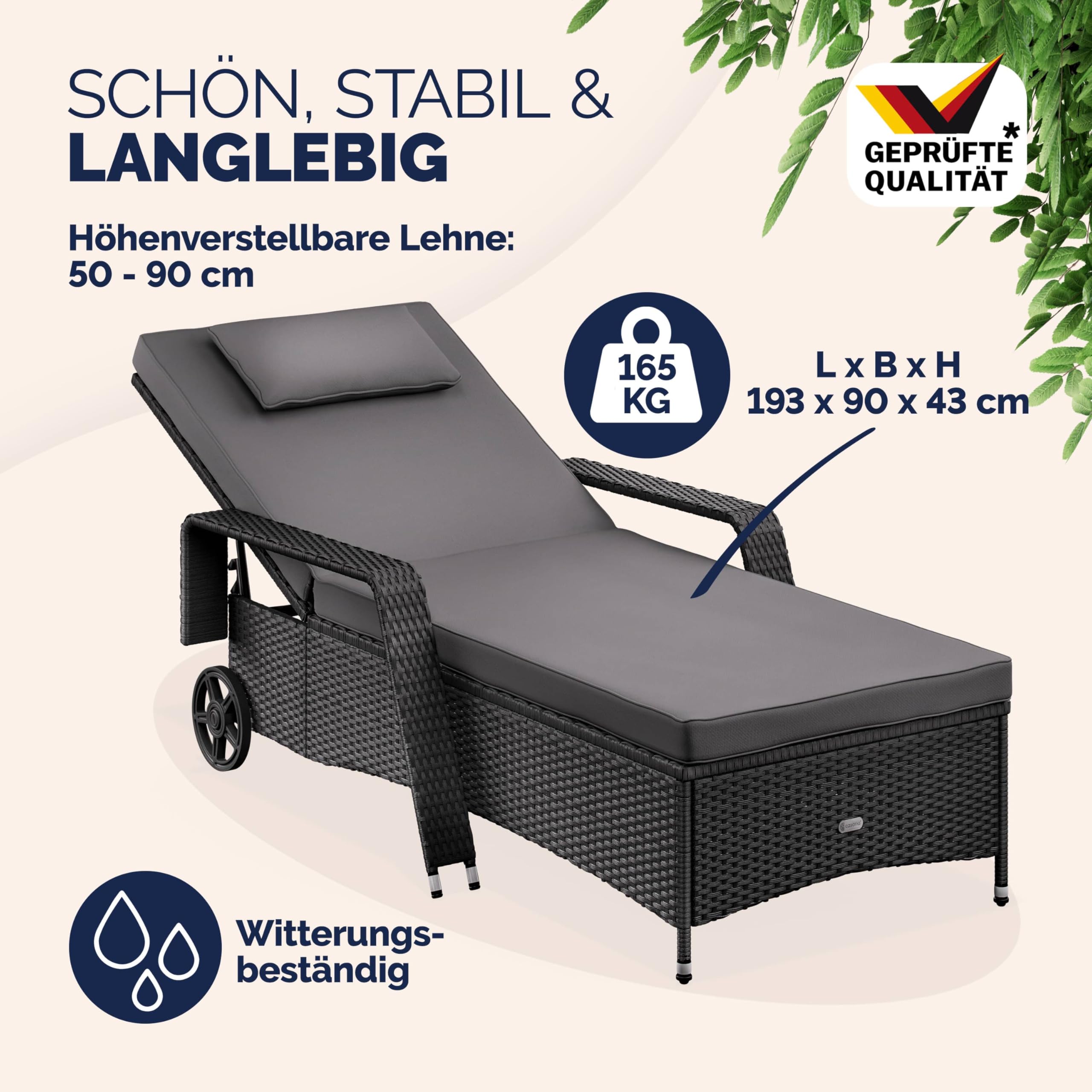 Casaria® Sonnenliege 2er Set mit Rollen 7cm Auflage Extra Breit 90cm Gartenliege Wetterfest 165kg Belastbar Terrasse Balkonmöbel Liegestuhl Schwarz Anthrazit