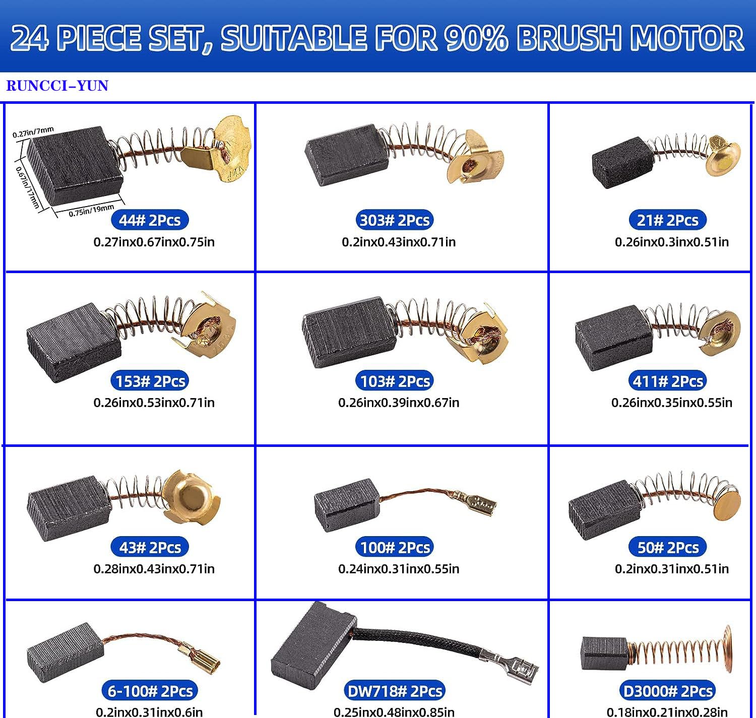 RUNCCI-YUN 24Pezzi 12 modelli Carbonio Spazzole,Spazzole di Carbone Per Utensili Elettrici,Carbonio Spazzole Riparazione Parte,Sostituzione Della Spazzola di Carbone Per Generico Motore Elettrico