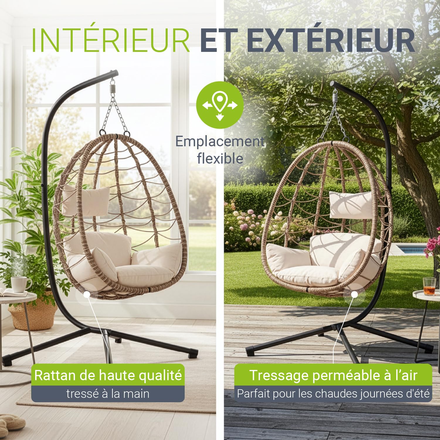 Juskys Fauteuil Suspendu Aria avec Coussin - réglable en Hauteur et Pliable - Balancelle en rotin synthétique pour l'extérieur et l'intérieur - Siège en Osier Beige jusqu'à 130 kg