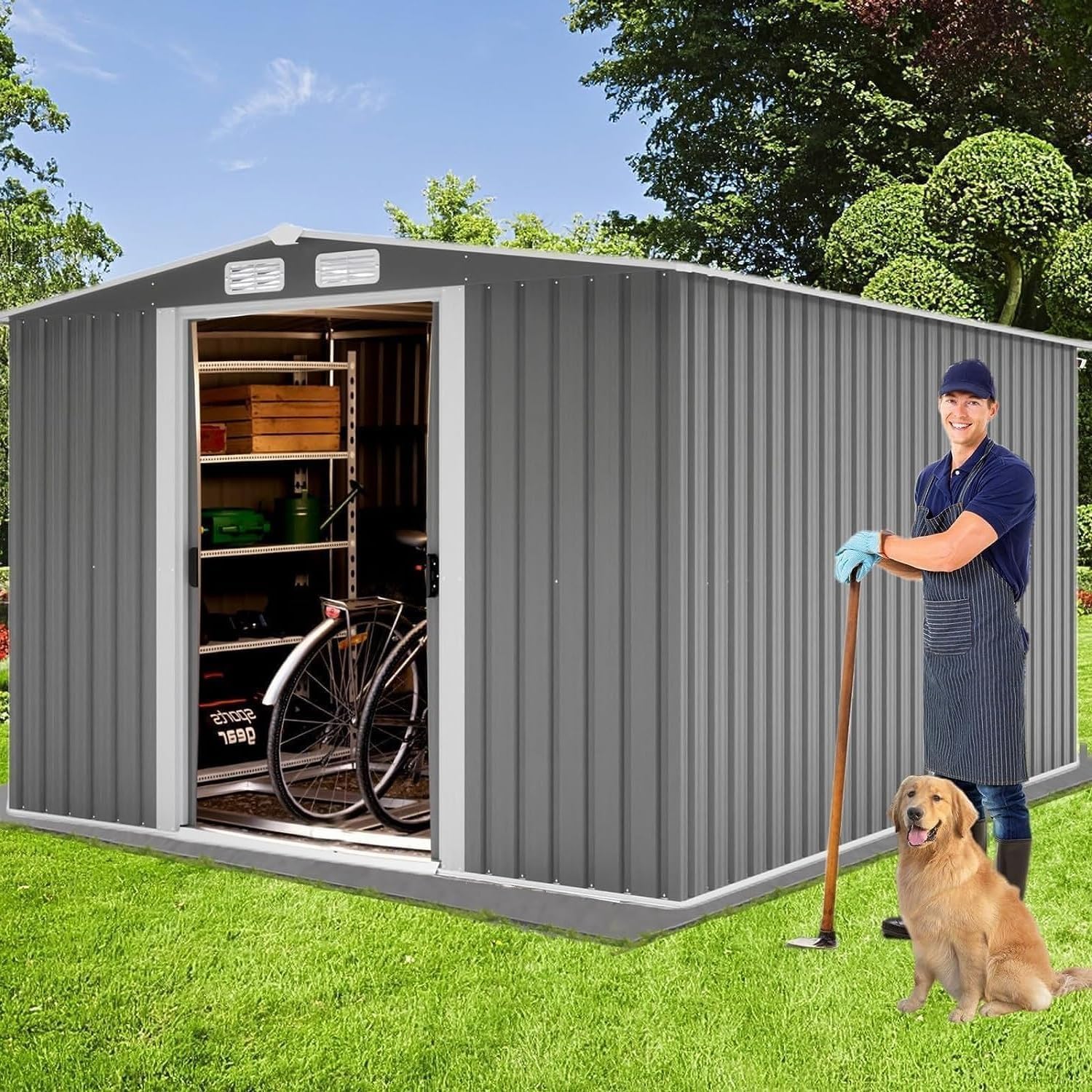 Morhome 8x6 FT Outdoor Storage Shed,Waterproof Metal Garden Sheds with Lockable Door,Weather Resistant Steel Tool Storage House Shed for Yard,Garden,Patio,Lawn,Grain