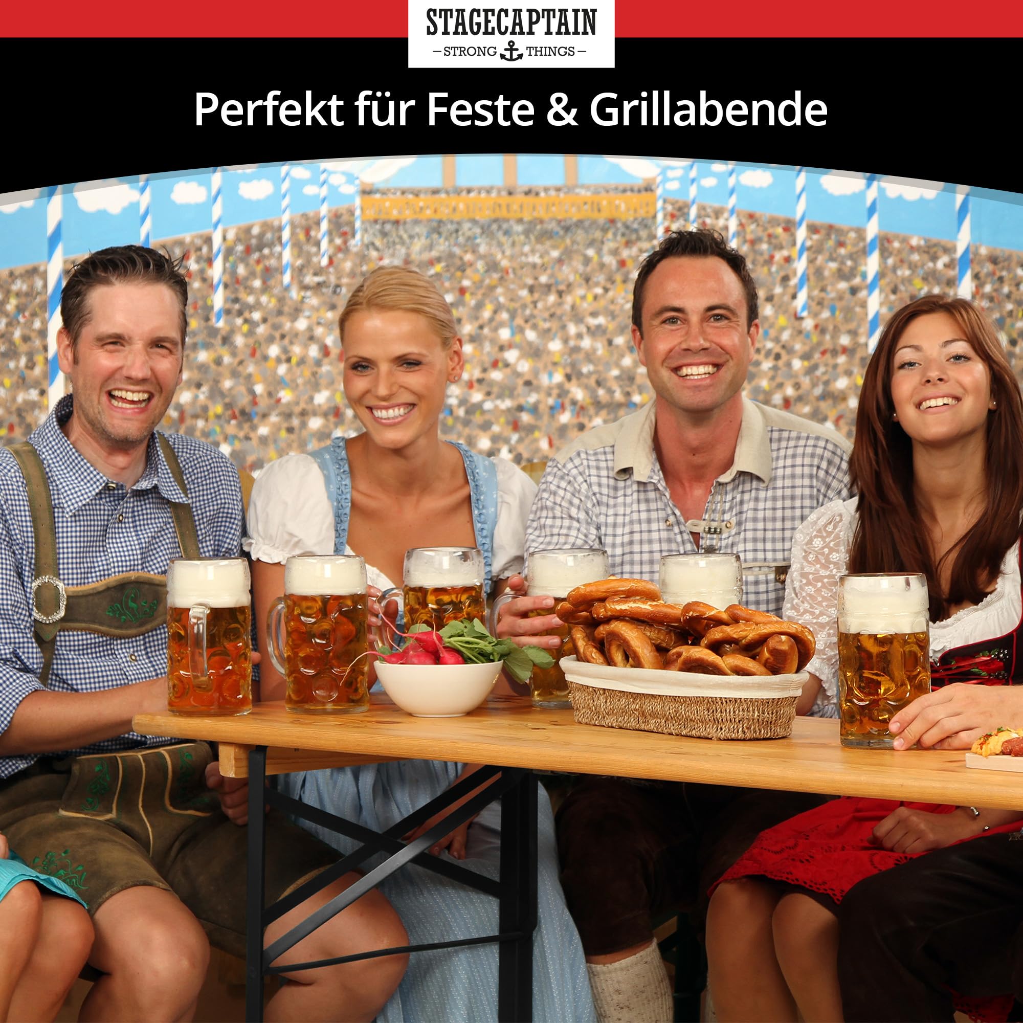 Stagecaptain Hirschgarten Bierzeltgarnitur 2X Set 177 cm Länge - Klappbare Festzeltgarnitur 2X Tisch & 4 X Bank - Sitzgarnitur Aus Holz - Einfacher Transport - Geeignet Für Innen Und Außen - Natur