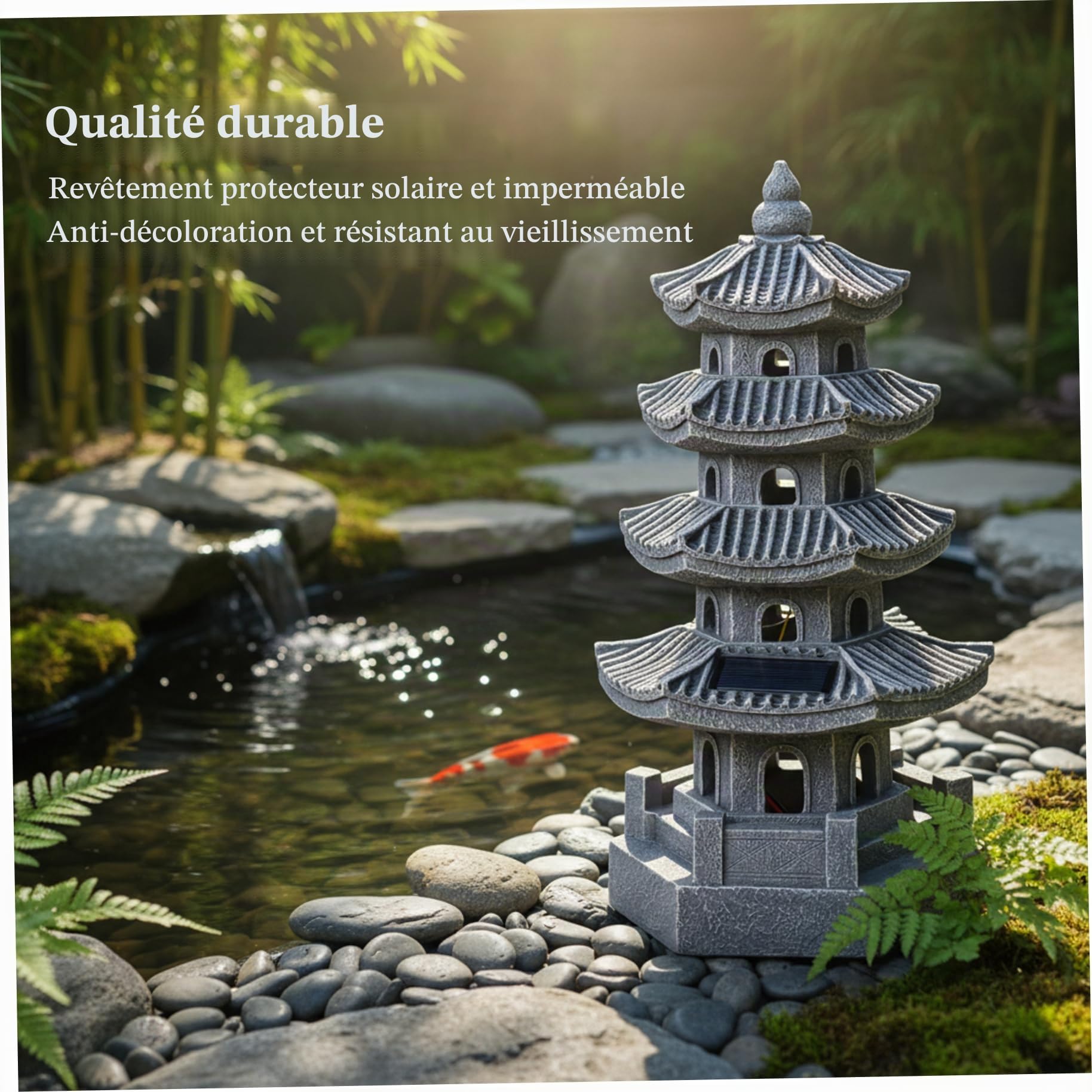 Décoration de jardin japonais, statue de jardin pagode, lanterne pagode à énergie solaire en résine, décoration japonaise zen d'extérieur pour balcon, patio, porche, cour 11, 4 x 4, 7 x , 7 pouces