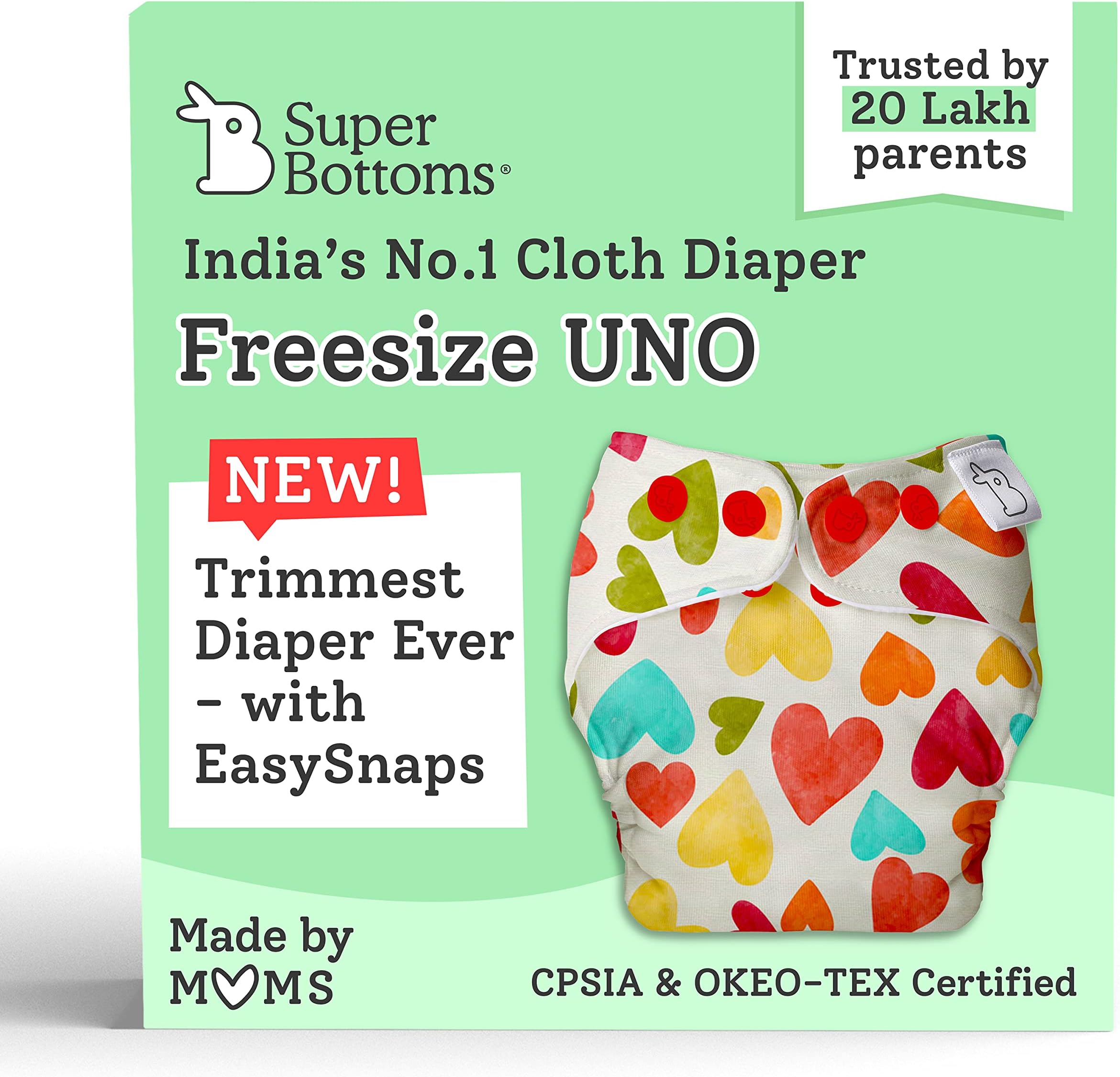 SuperBottoms Freesize UNO - Washable & Reusable Cloth Diaper containing 1 Waterproof Outer + 1 Organic Cotton Dry Feel Magic Dry Pad +1 Open Booster pad [Day & Night Use] (Baby Hearts)