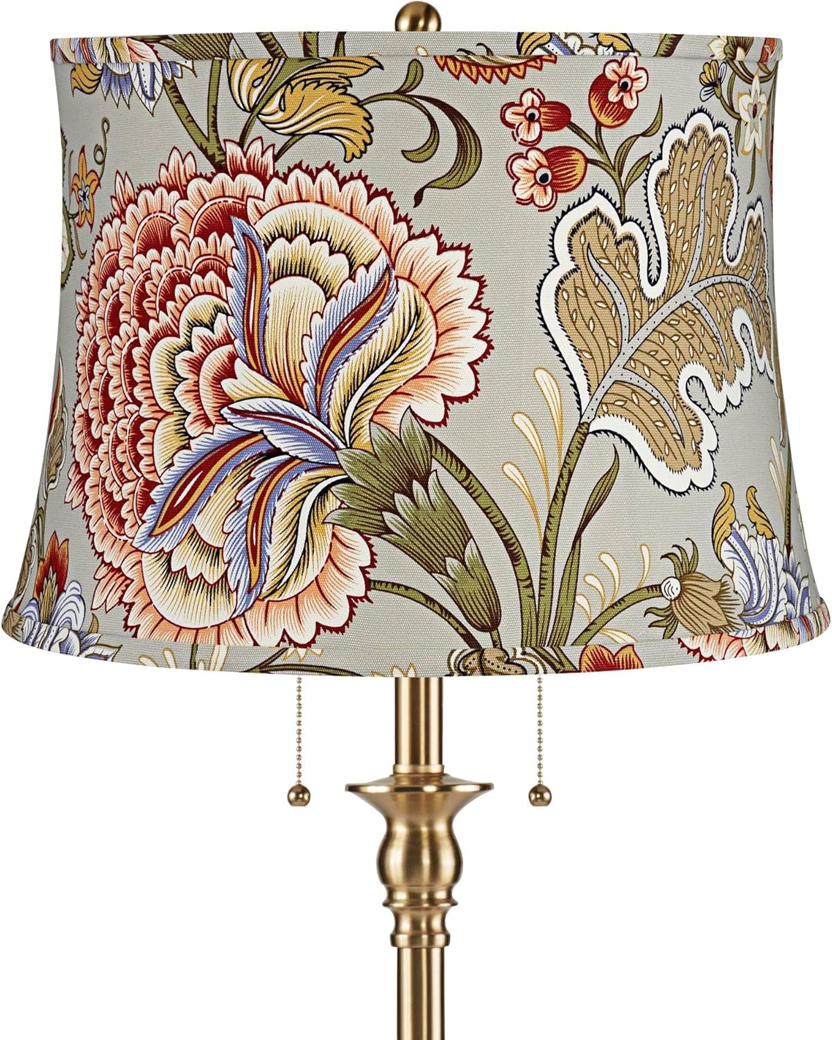 360 Lighting Dyna Traditional 58" Tall 2-Light Standing Floor Lamp Skinny Pole Pull Chain Gold Antique Brass Finish Living Room Bedroom House Reading Office Cottage Core Decor Sage Floral Drum Shade