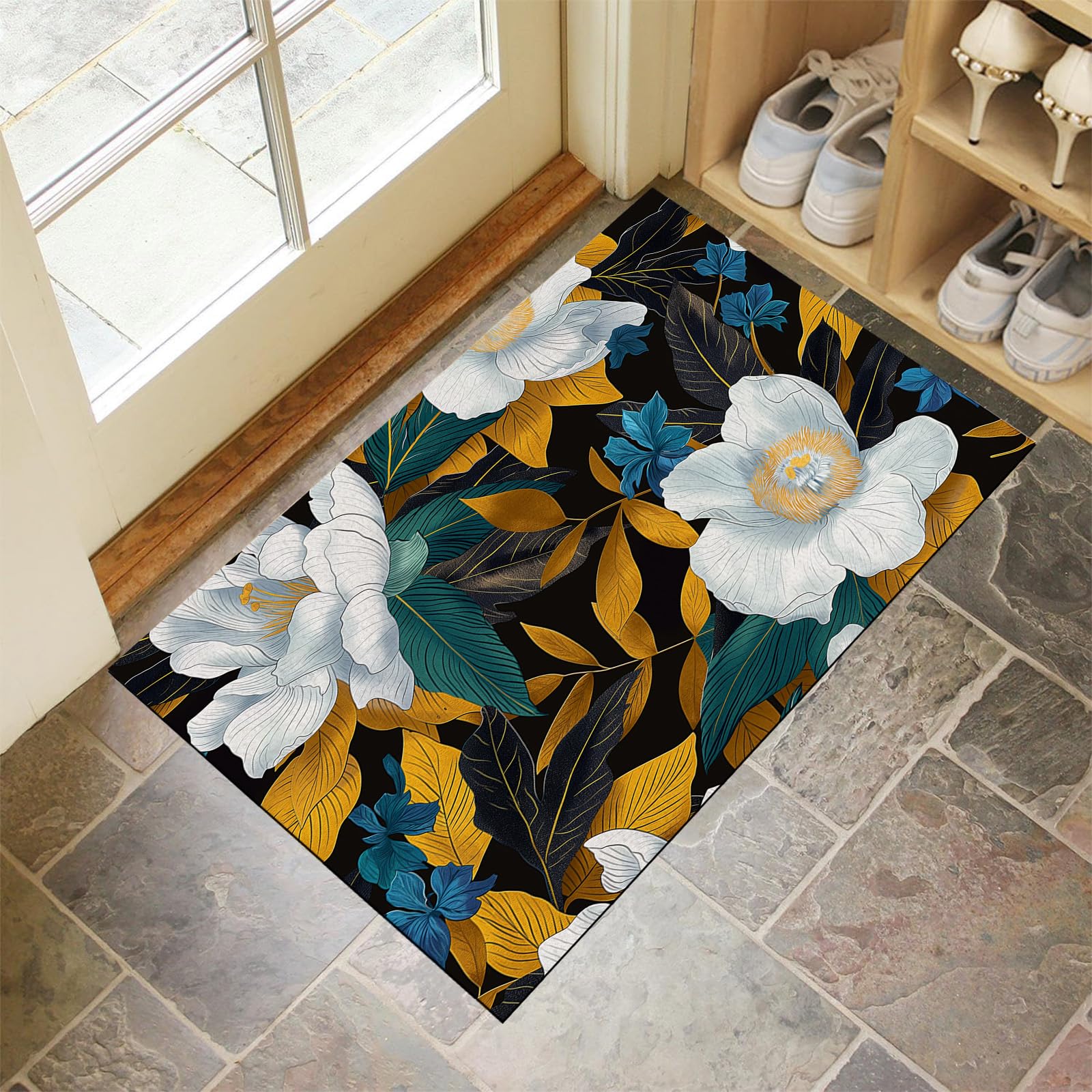 Tapis de porte rectangulaire anti-glisse contre la saleté motif floral 50x80