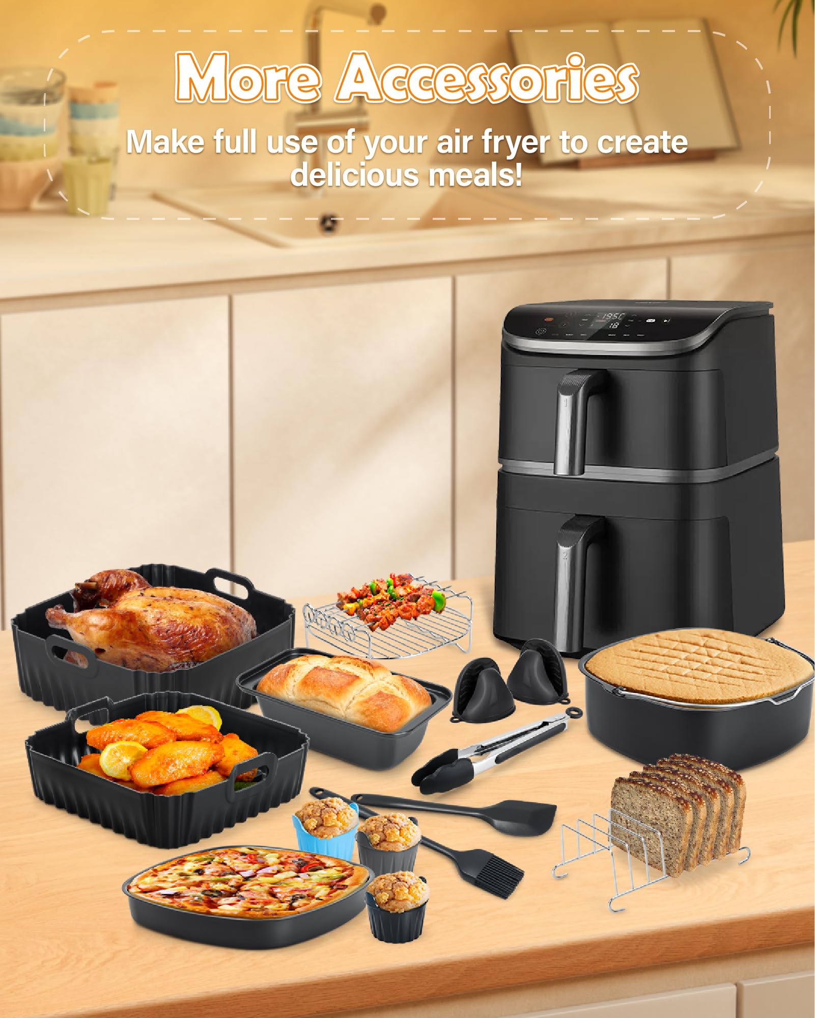 15-Teiliges Heißluftfritteuse Zubehör für COSORI Turbo Tower Pro 10,8L 2 Kammern(6,5L/4,3L), Inklusive 2 Stück Airfryer Silikonform, Kuchenteller, Pizzaplatte, Brotform Muffinform usw Zubehör