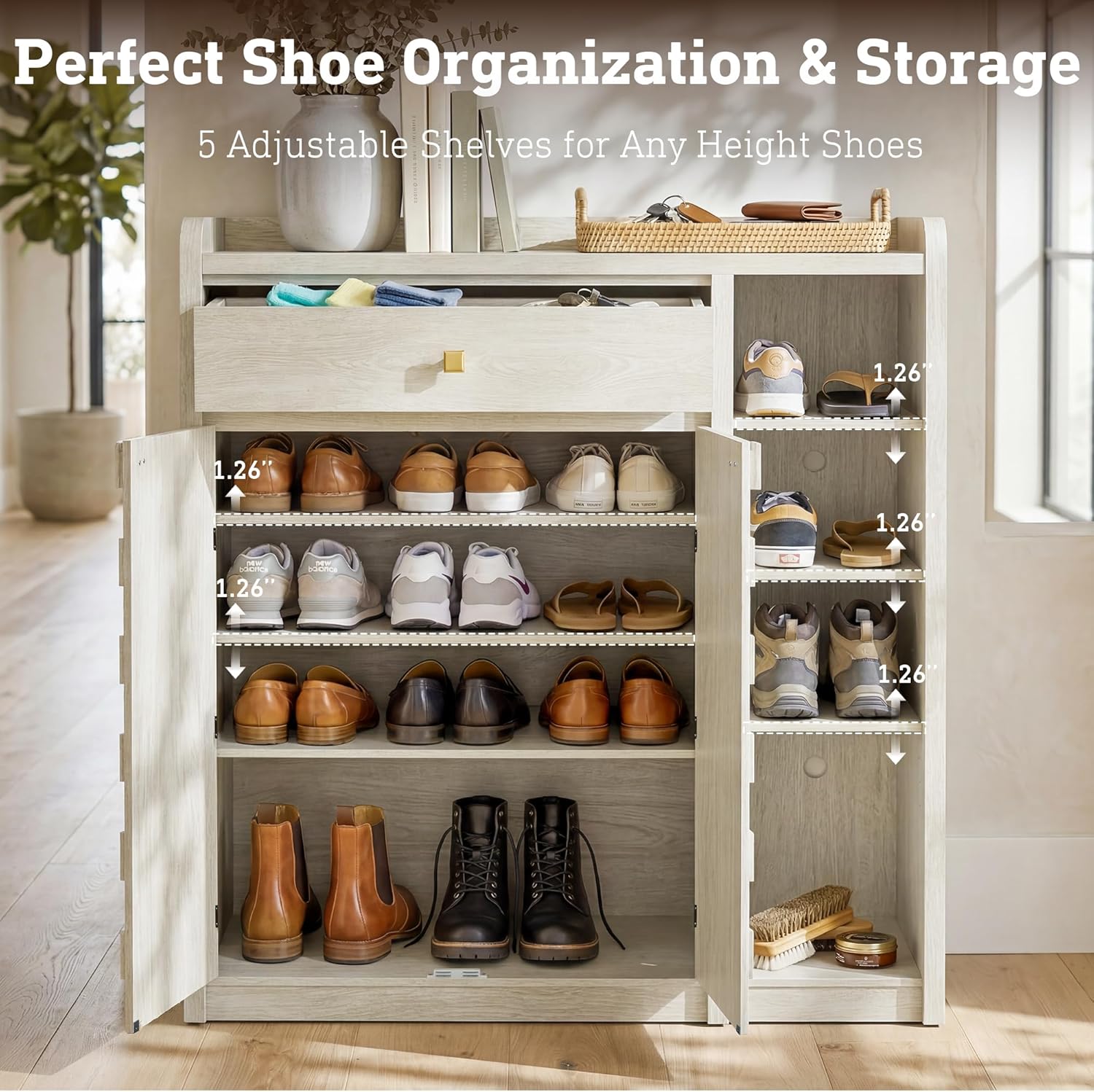 STO'SENSE Large Shoe Cabinet with Doors, 8-Tier Shoe Storage Cabinet with Drawer & 4 Side Cubbies & 5 Adjustable Shelves, 47" Tall Shoe Rack Organizer Cabinet for Entryway, Hallway (White Oak)