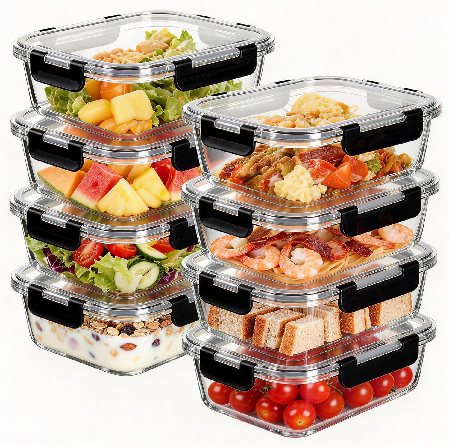 8-Piece 36oz Glass Meal Prep Container Set Clear Glass Food Storage Containers Set, Airtight Food Storage Containers for Coffee, Sugar, Flour, Spices, BPA-Free