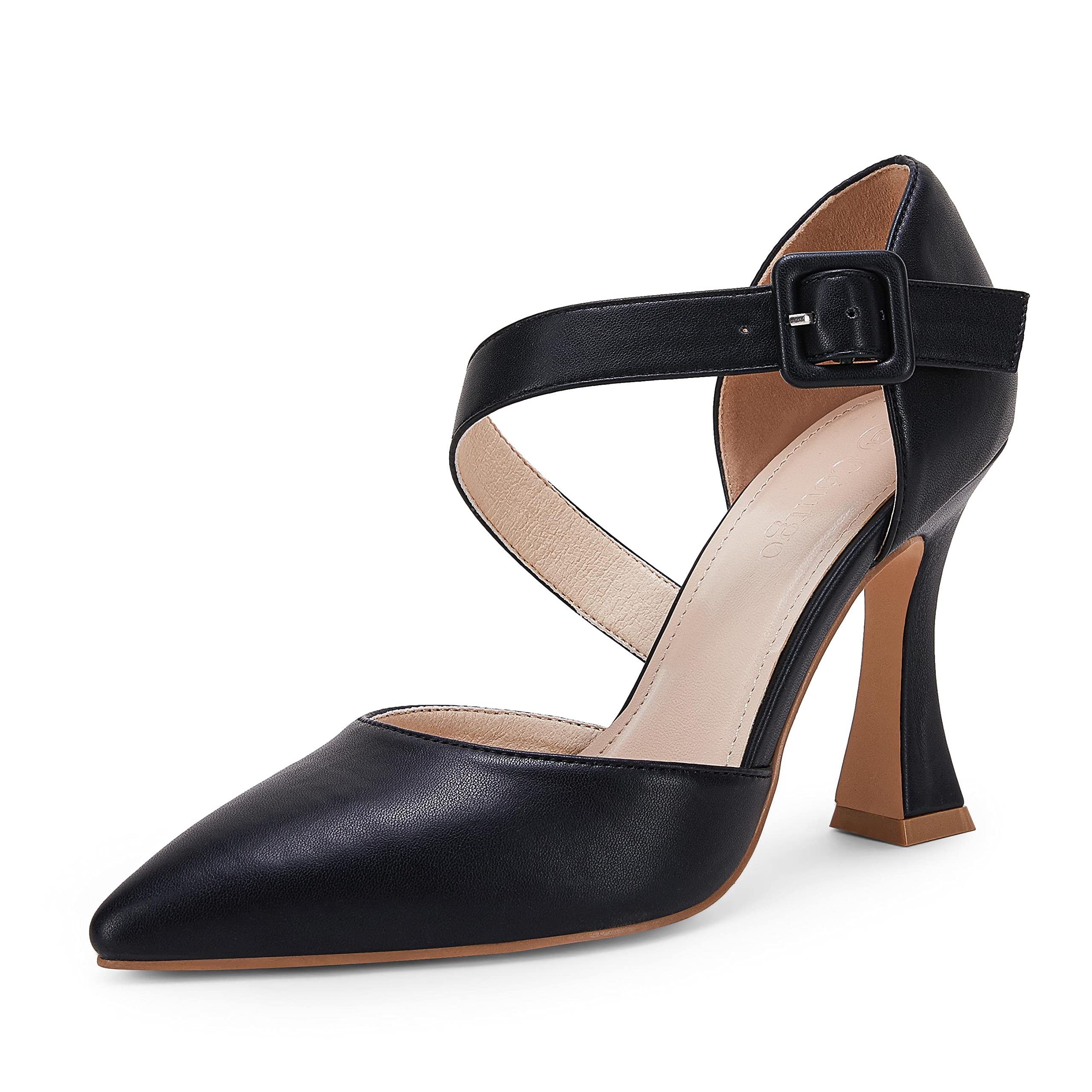 CoutgoWomen's One Cross Strap Pumps Pointed Toe Stiletto High Heels Buckle Strap Dress Party Wedding Shoes