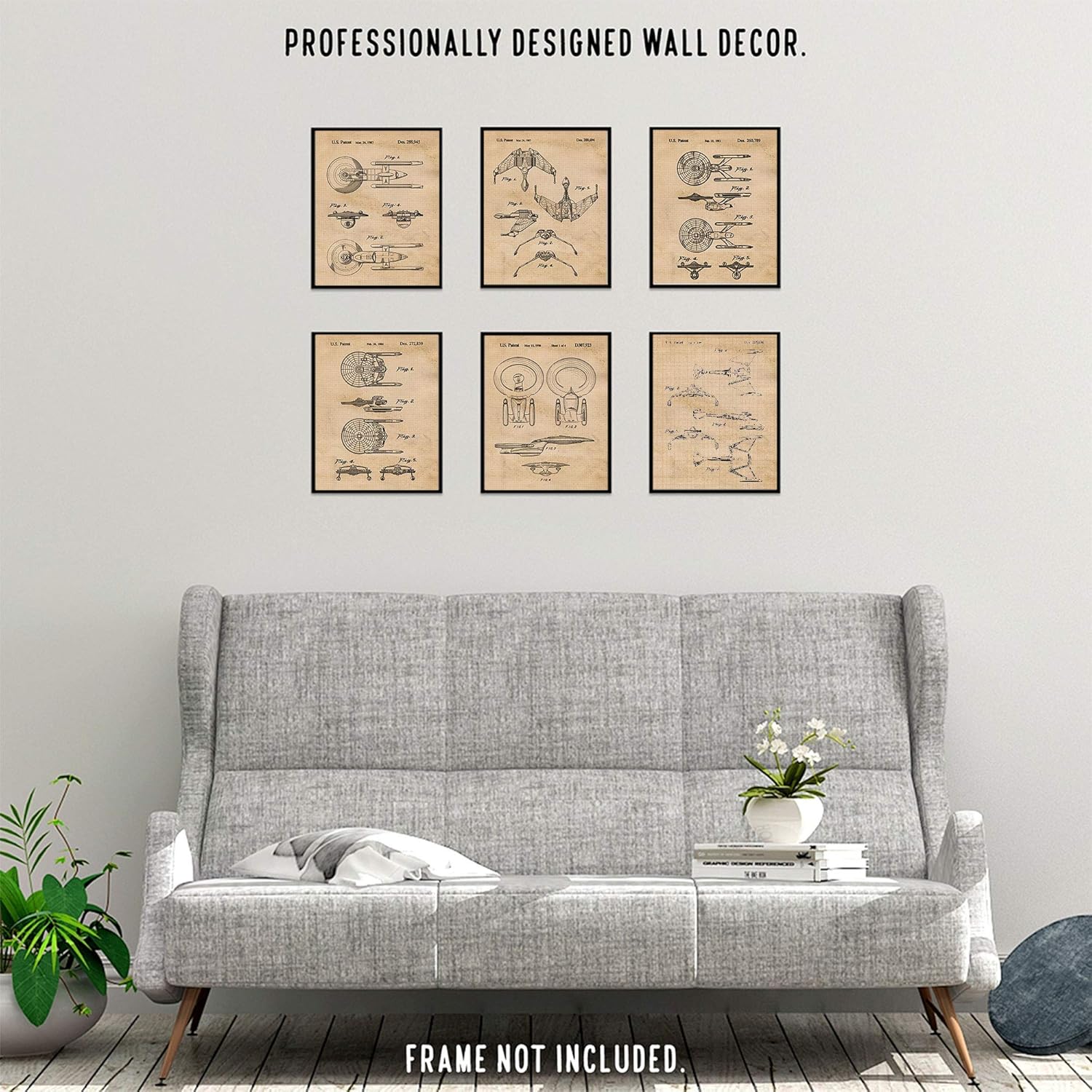 Classic Scifi Star Vessels Patent Prints, 6 (8x10) Unframed Photos, Wall Art Decor for Home Work Office Trek Toys ComicCon Movie Gears Garage Space Shop School Aviation Student Teacher Coach