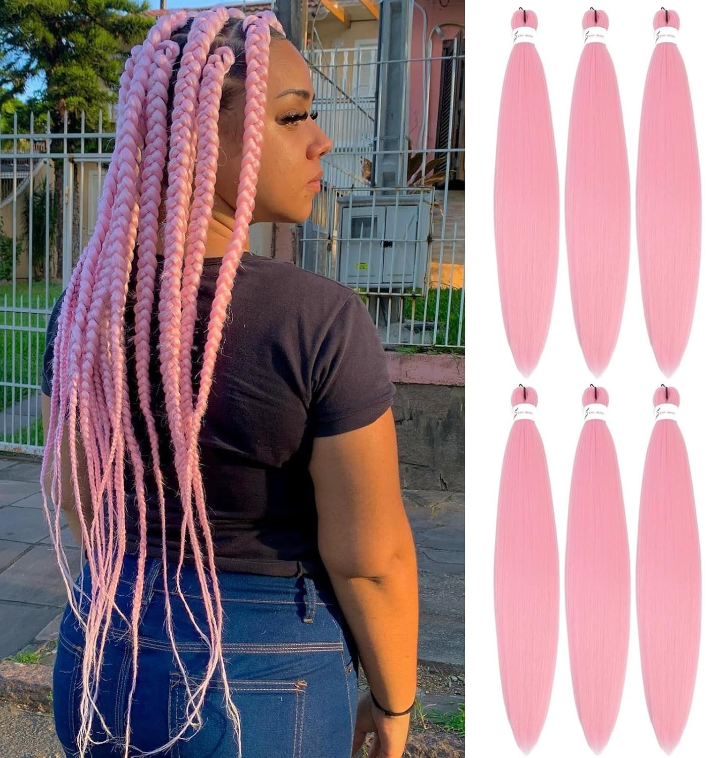 Pre Stretched Braiding Hair Pink Braiding Hair Extensions For Braids 26 Inch 6 Packs Yaki Textured Crochet Synthetic Hot Water Setting Crochet Extensions (26 Inch