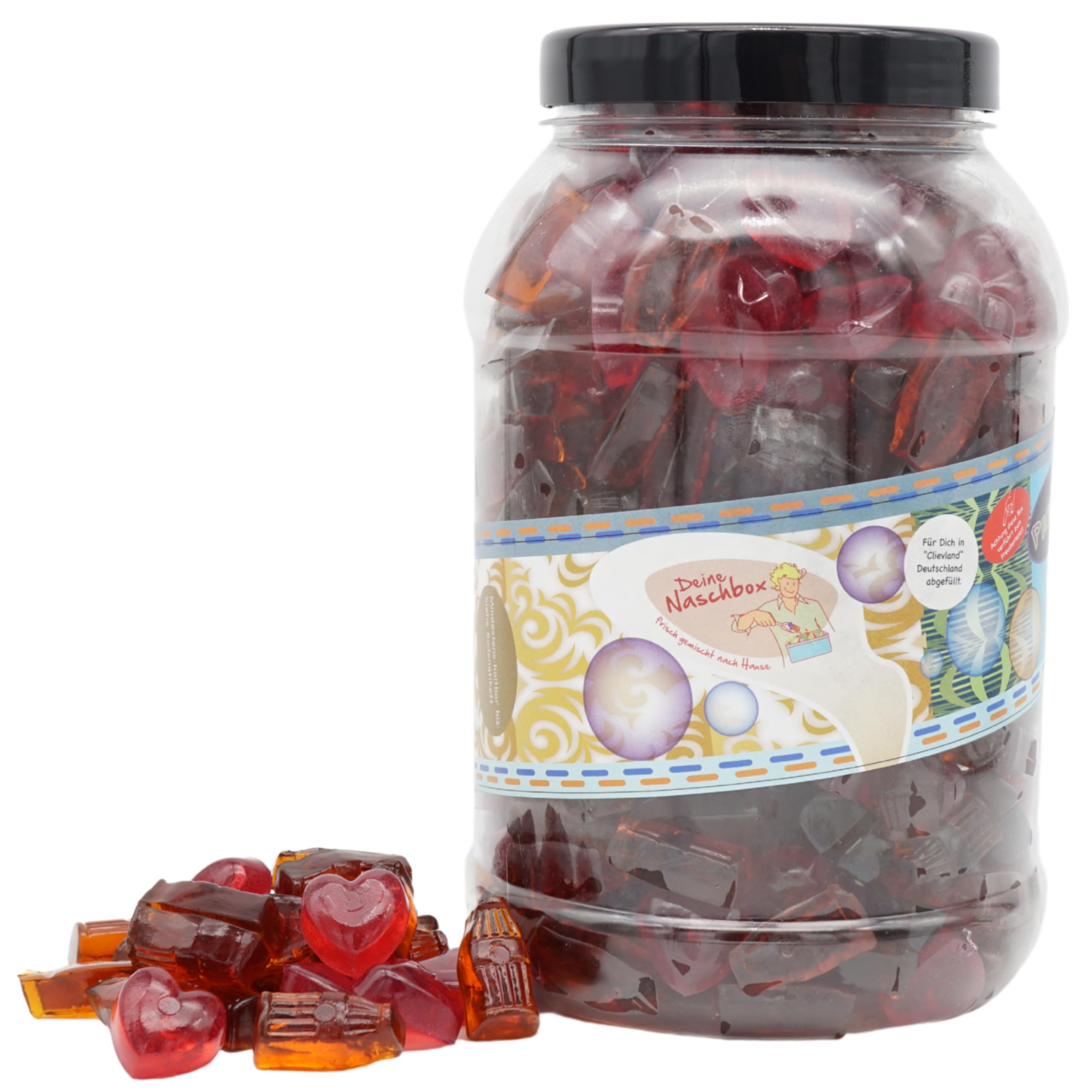 Deine Naschbox | Zuckerfreier Fruchtgummi 2er Mix#3 | 2kg Big Pot | XXL Großpackung für Party, Candybar & als Geschenk -Herzen - Colafläschchen
