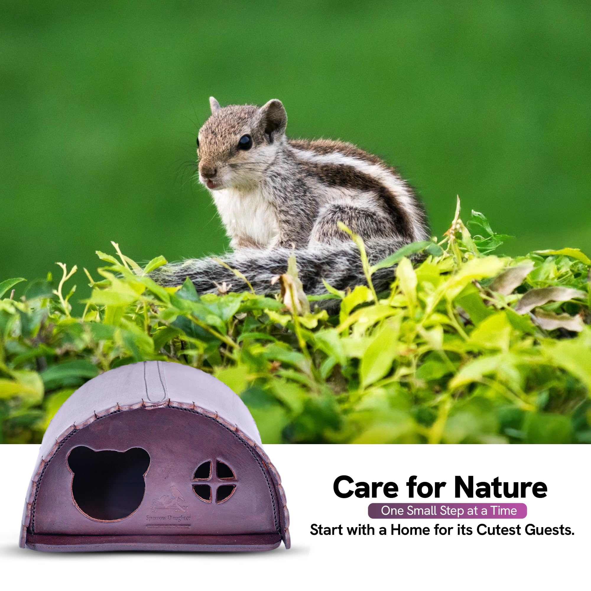 SparrowsDaughter Leather Squirrel House for Outdoors Garden Backyard | Small Animals Habitat for Chinchilla Squirrel | Nesting Box with Feeder & Poles | Multicolour | Chestnut | Large 3
