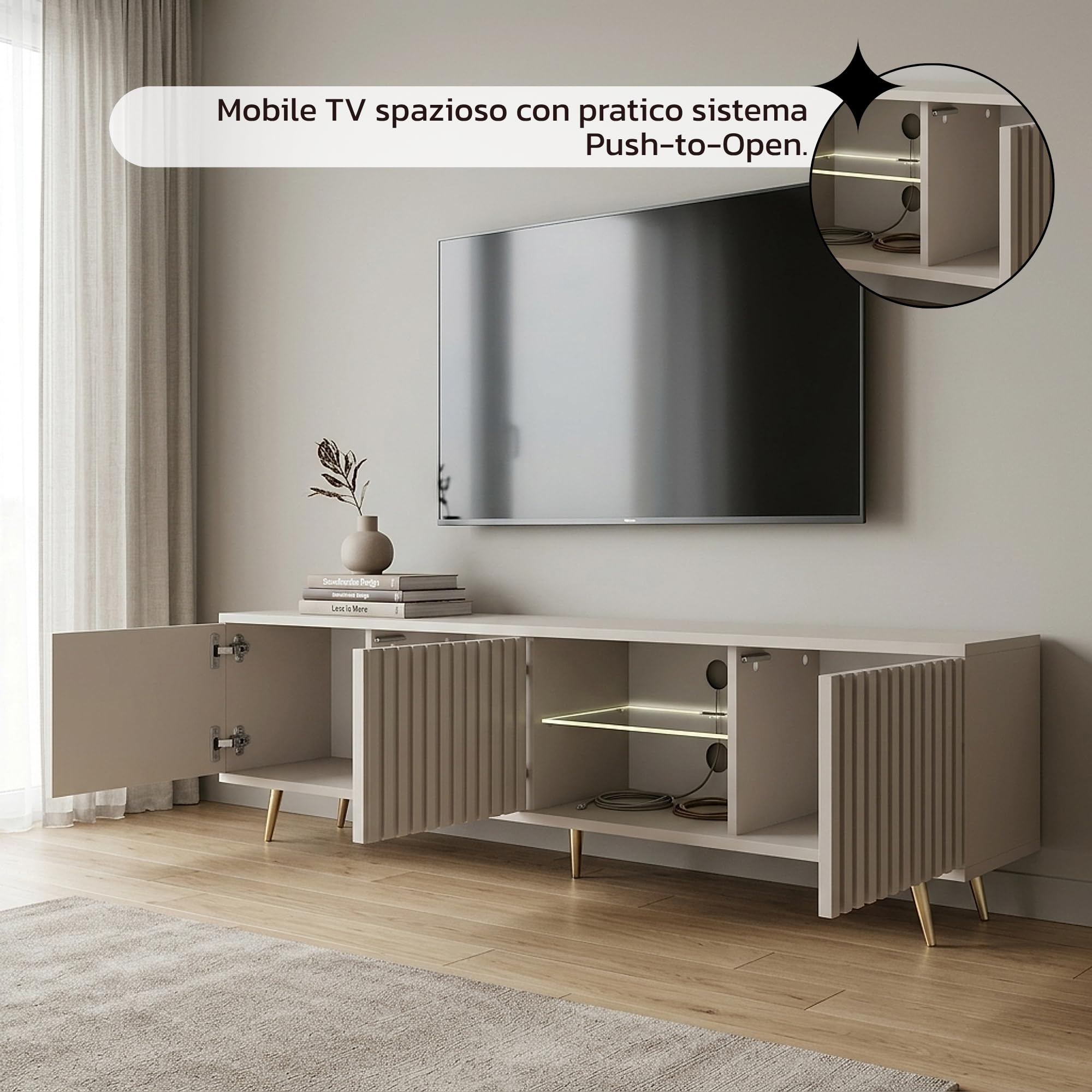 Selsey Mobile TV Mobile Porta TV Con Piedini Dorati 175 cm A Doghe Beige Grigio Bello