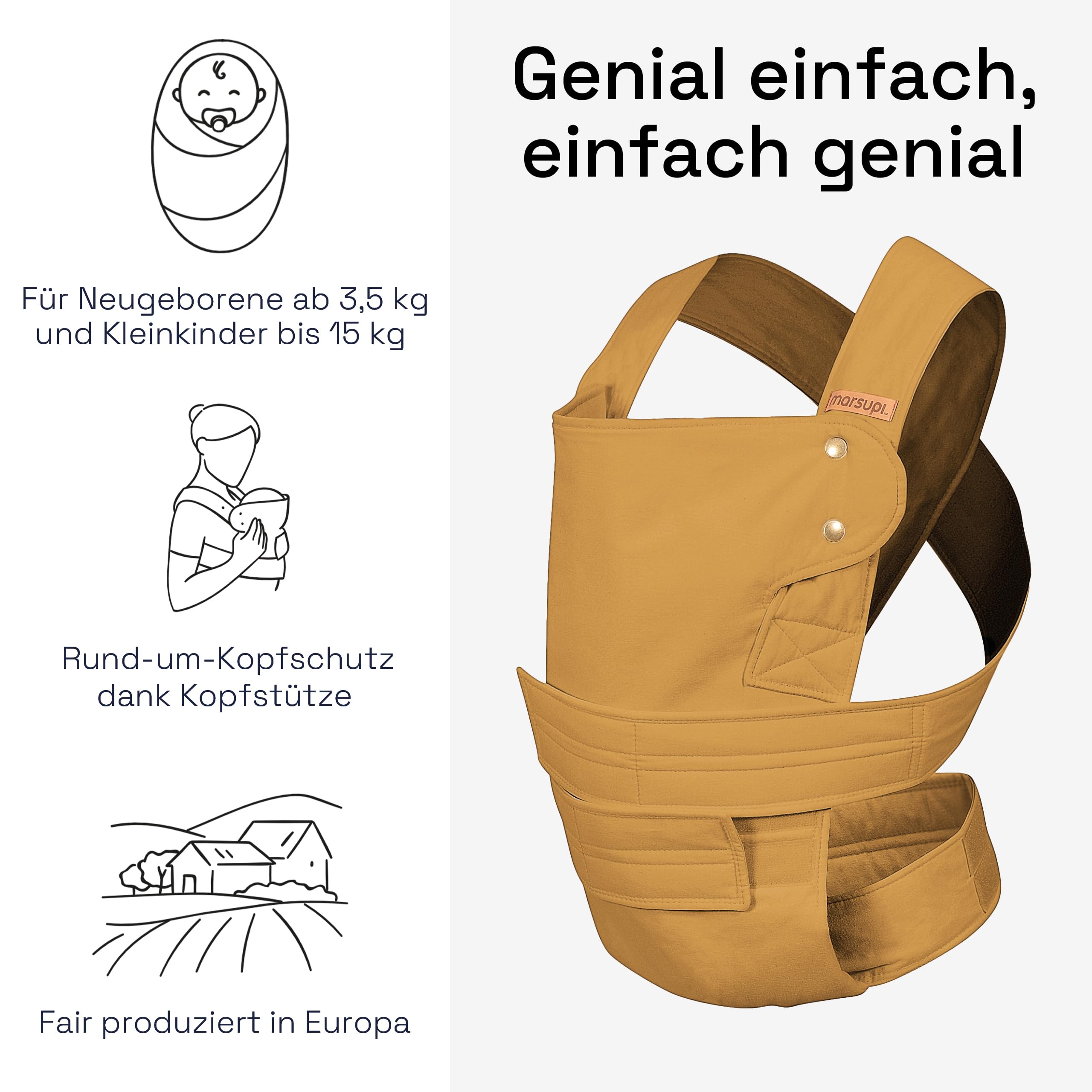 Marsupi Babytrage und Neugeborenen-Trage, Classic (aus reiner Bio-Baumwolle), Version 2.0, Butterscotch, L, 1.0 liters, 1.0 kilograms