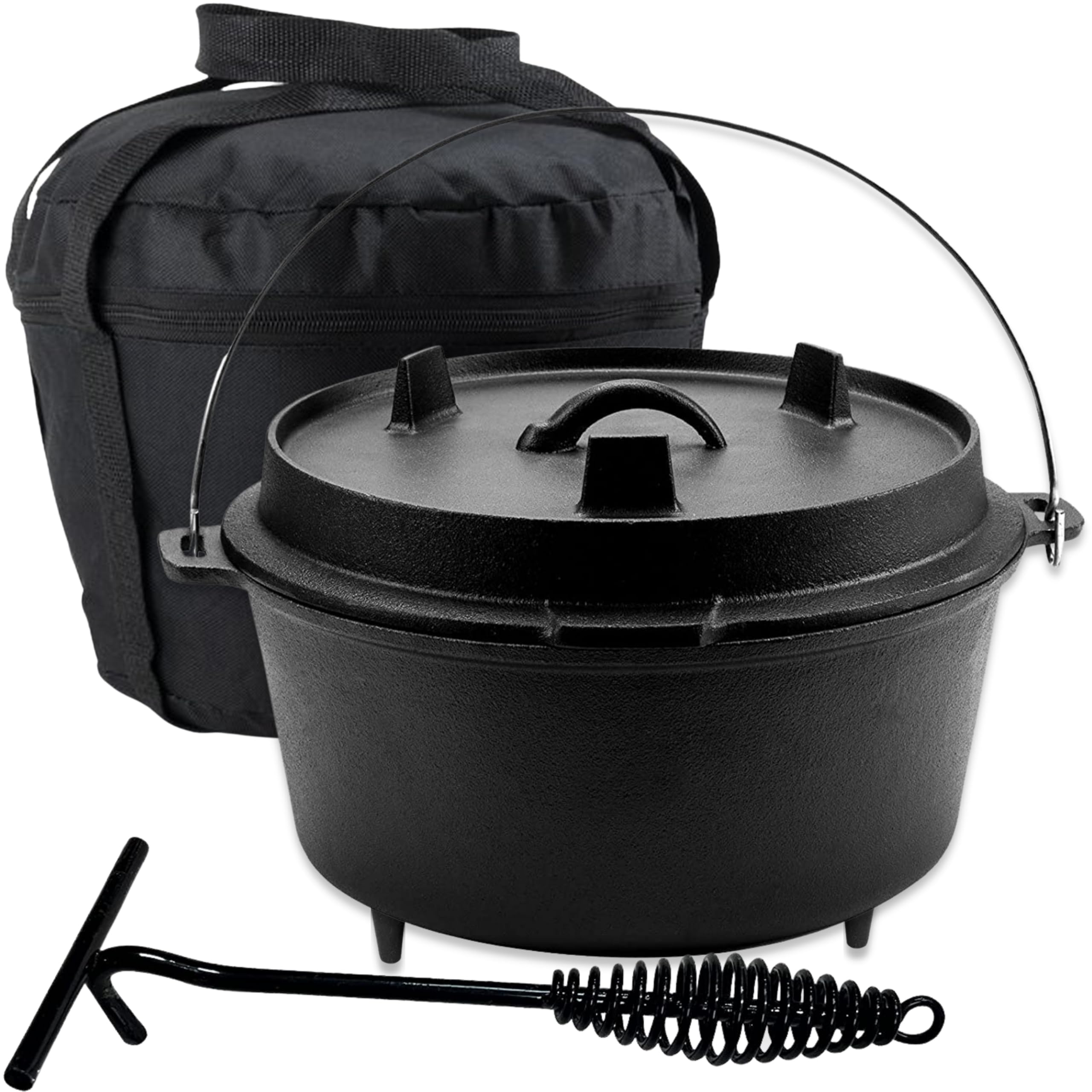 Dutch Oven Kochtopf-Set 9 Liter Gusseisen – Gusseisenpfanne mit Deckel, Schutzbeutel & Deckelheber – Outdoor Kochtopf für Kochen, Backen, Braten & Grillen, Ø 29 cm