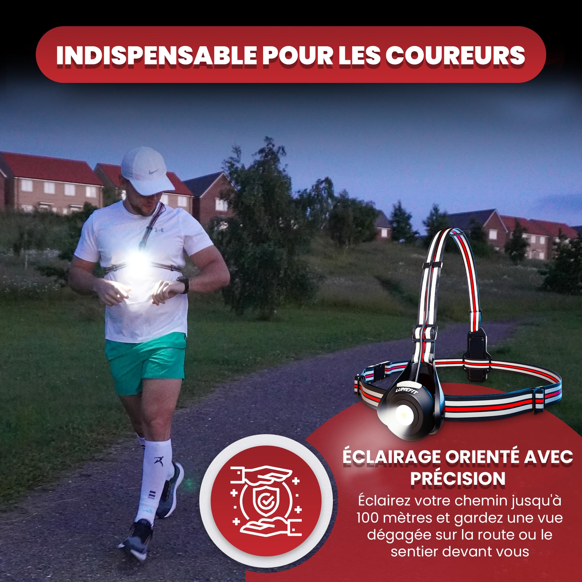 LUMEFIT Lampe Course à Pied - LED Sécurité Ultra Lumineuses et Bandes Réfléchissantes à 360° pour Jogging et Randonnée - Légère et Confortable - Batterie Longue Durée, Rechargeable Via USB